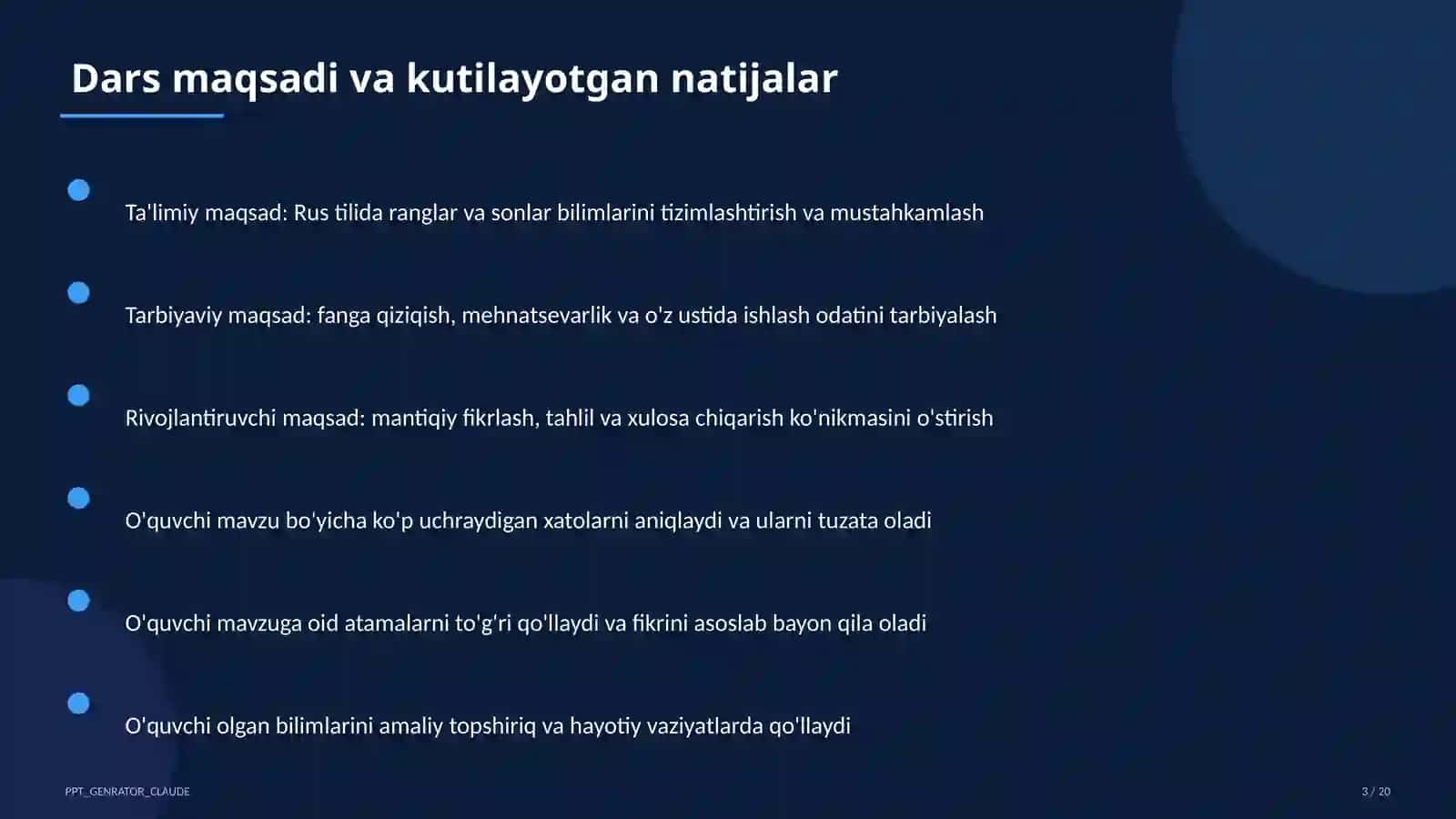 Rus tilida ranglar va sonlar (2-sinf) 3