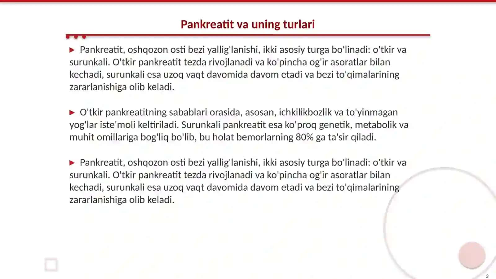 Pankreatit rivojlanishining biokimyoviy asoslari. Davolash va diagnostikatamoillari 3