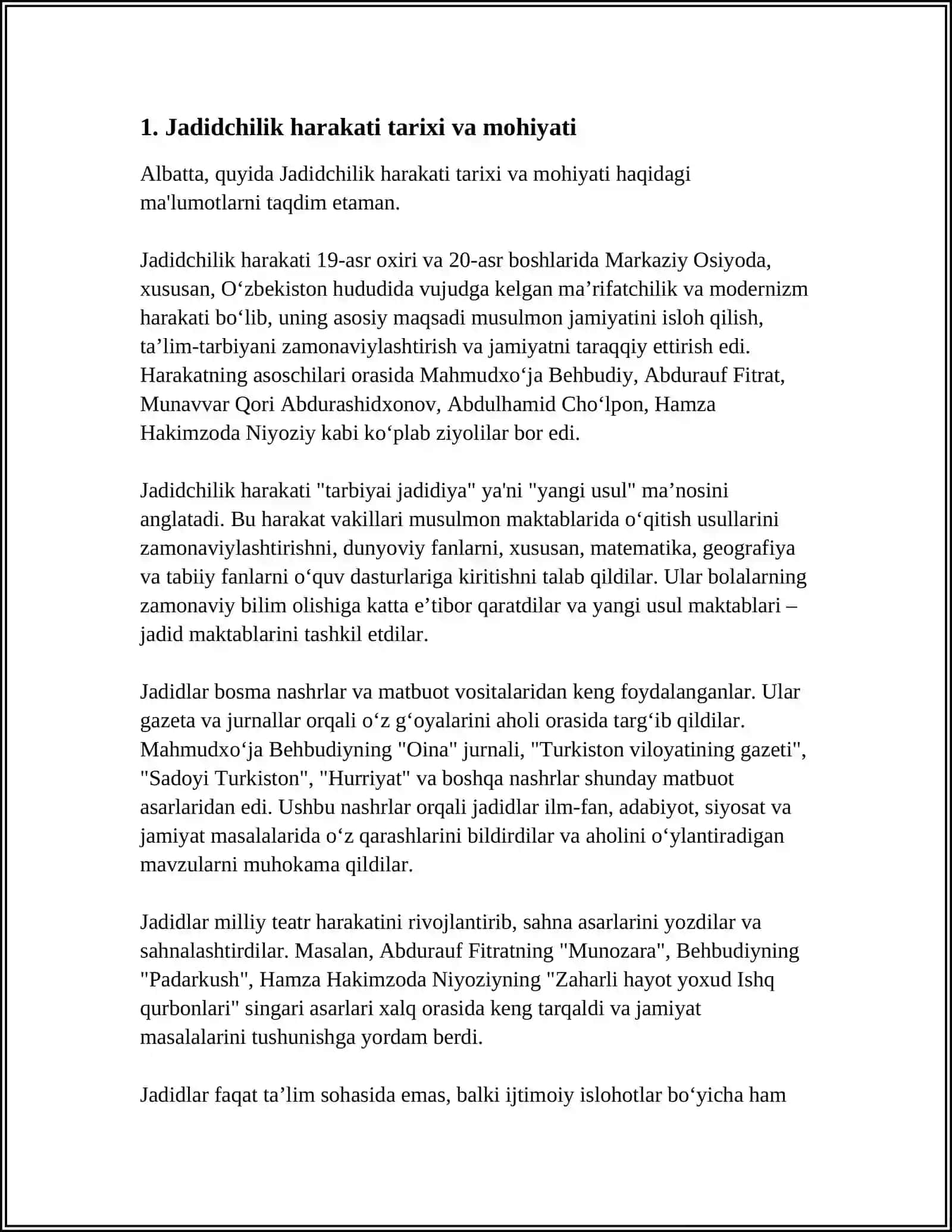 JADID MAʼRIFATPARVARLARINING OʻLKA IJTIMOIY-MANAVIY HAYOTIDA TUTGAN OʻRNI (MUNAVVARQORI, FITRAT, BEHBUDIY, AVLONIY VA BOSHQALAR) 3