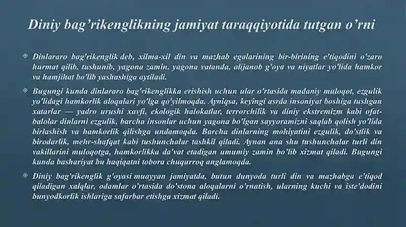 O'zbekistonda millatlararo va dinlararo barqarorlikni taminlash borasidagi davlat siyosati 3