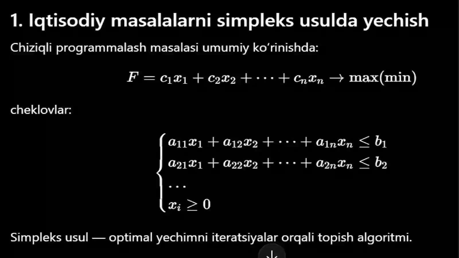 Iqtisodiy masalalarni simpleks usulda yechish. Modifitsirlangan simpleks usul. Xos chiziqli programmalashtrishmasalasi. Sikllanish ε -usuli 3