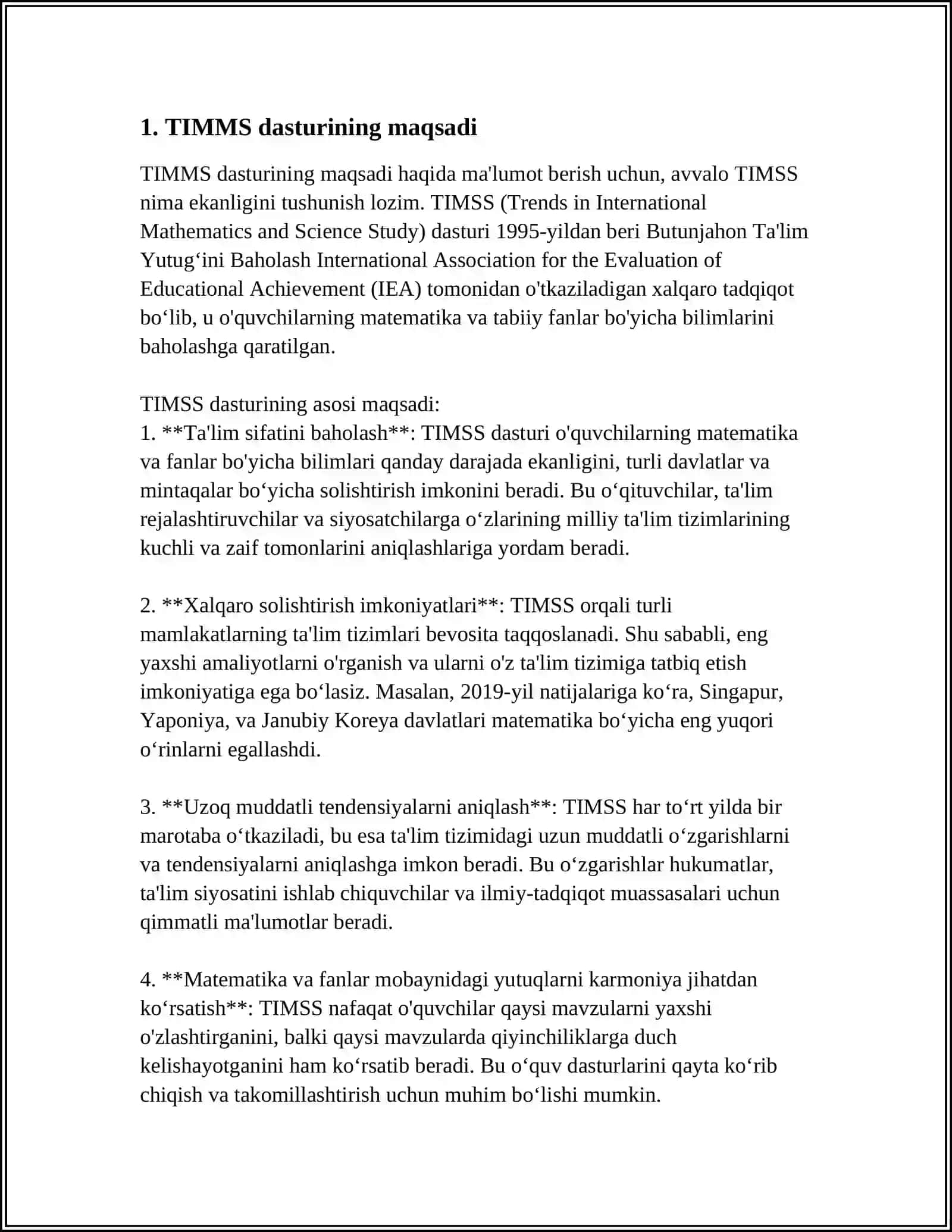 TIMMS XALQARO BAHOLASH DASTURI MAZMUN VA MOHIYATI 3
