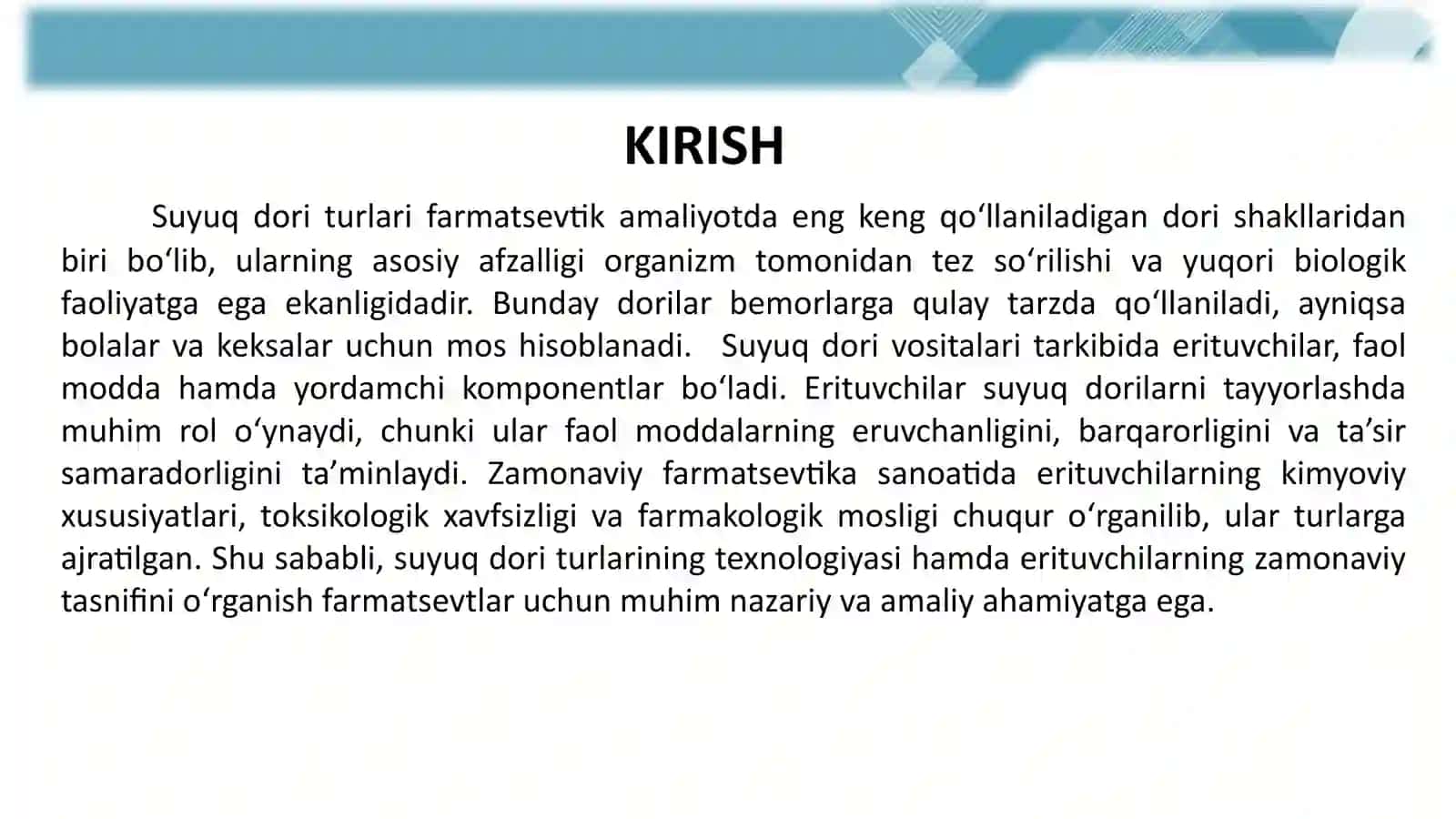 SUYUQ DORI TURLARI TA'RIFI, TASNIFI, TEXNOLOGIYASI. ERITUVCHILAR VA ULARNING ZAMONAVIY TASNIFI 3