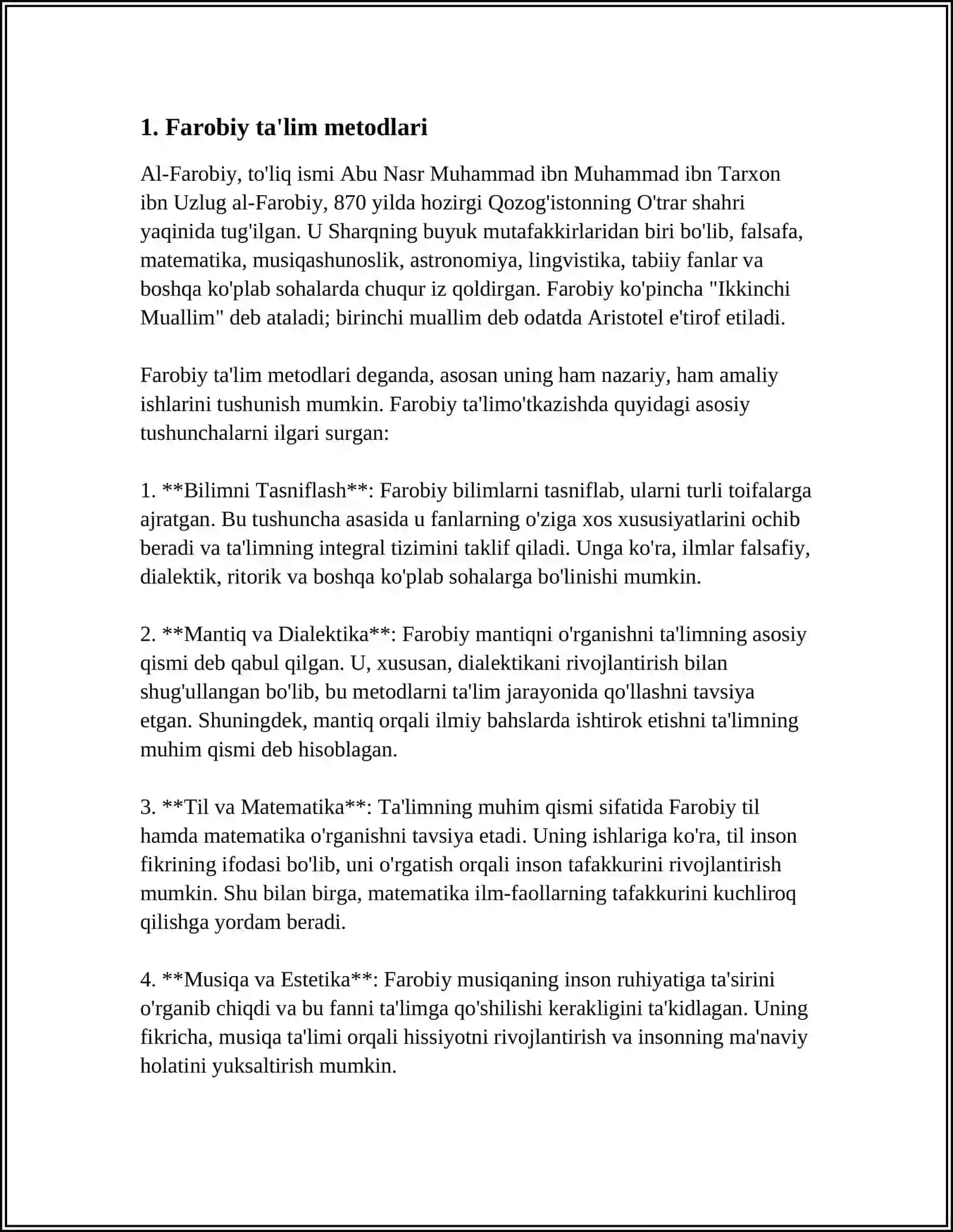 SHARQ MUTAFAKKIRLARI TA'LIM METODLARI HAQIDA. FAROBIY,BERUNIY, IBN SINONING DIDAKTIK ASARLARIDA KELTIRILGAN TA'LIM METODLARINI TASNIFLASH VA GRAFIK SXEMA TAYYORLASH 3