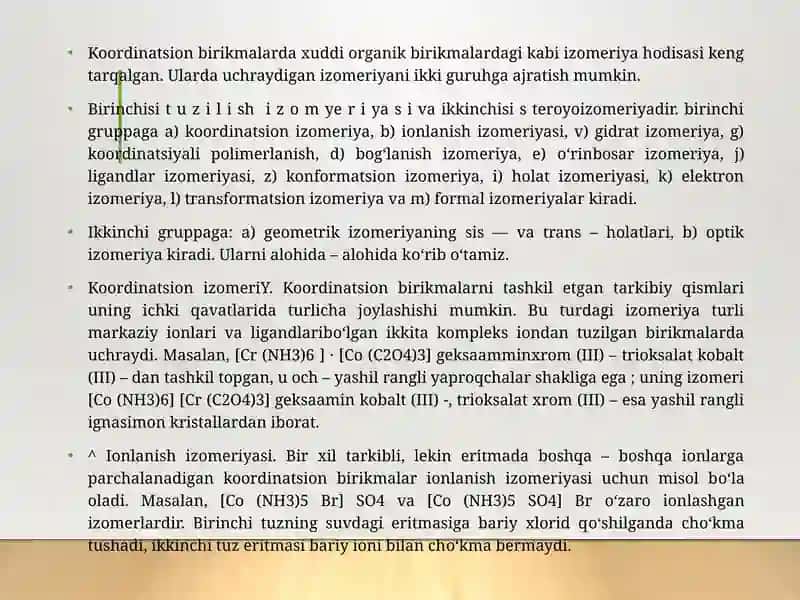 Kompleks birikmalarning izomeriyasi. Markaziy ionning ligand bilan elektrostatik  ta’sirlashuvi 3