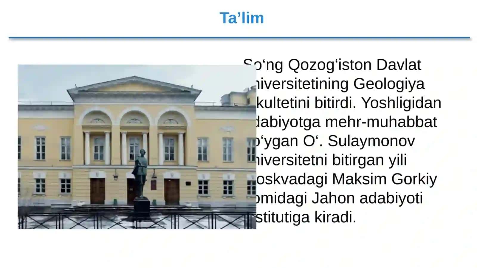 9-sinf Adabiyot fanidan O'ljas Sulaymonov hayoti va ijodi dars taqdimoti 3
