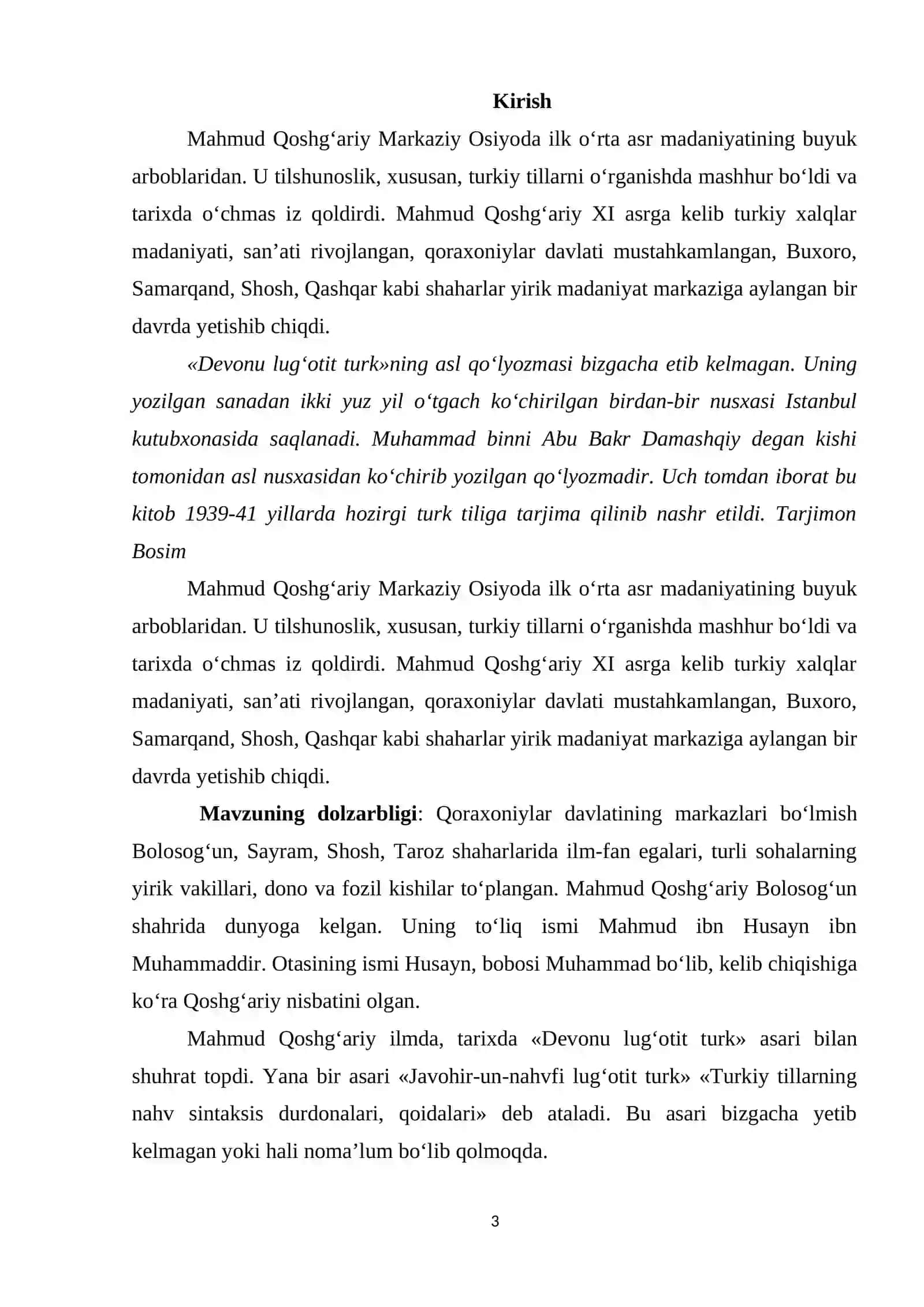 M. Koshgariyning "Devonu lug'ati turk" asarining mazmuni, tuzilishi va unda ilgari surilgan g'oyalar 3