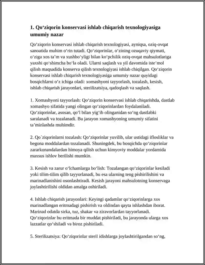 QOʻZIQORIN KONSERVASI ISHLAB CHIQARISH TEXNOLOGIYASI VA TEXNOLOGIK LINYASI HAQIDA 3