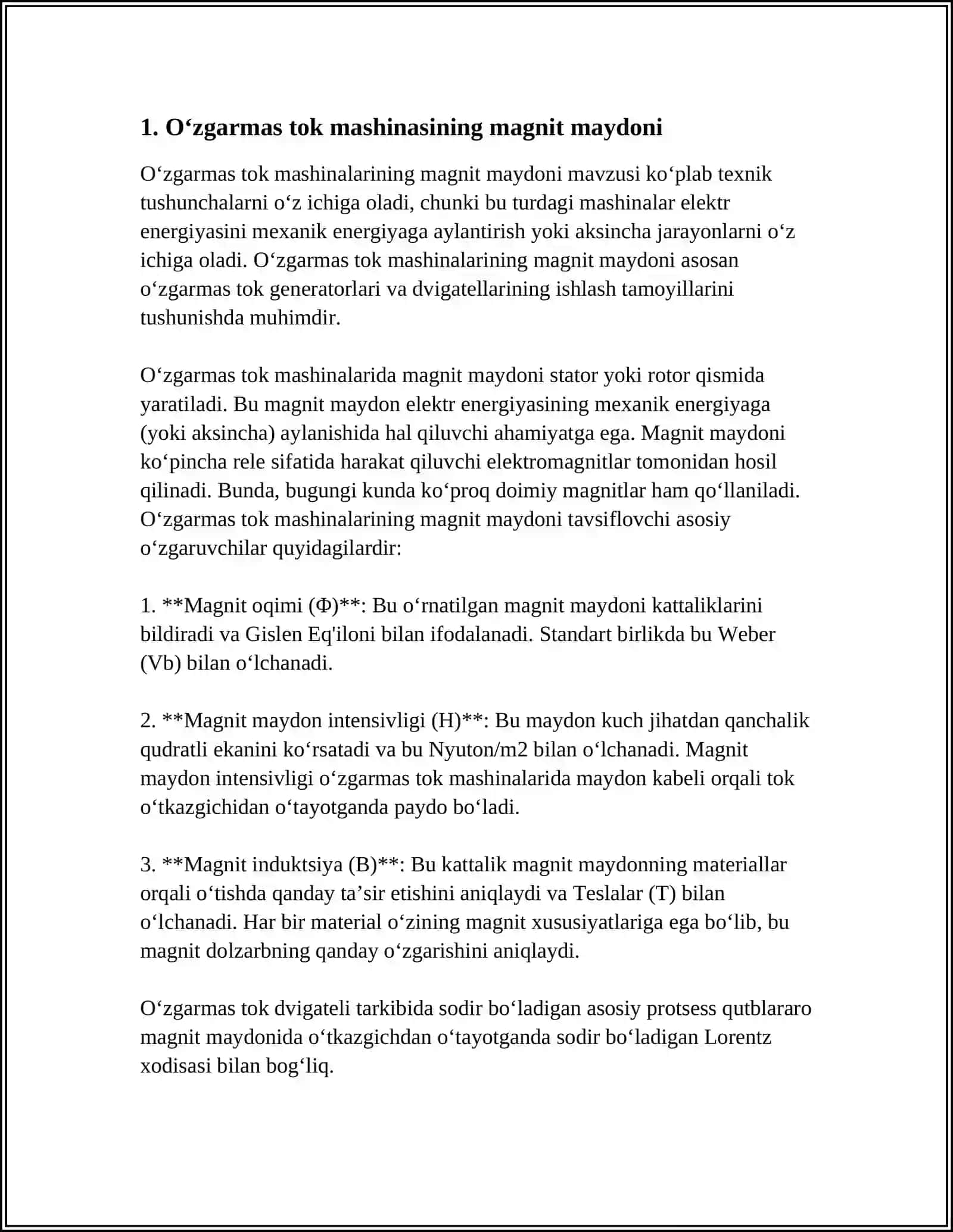 OʻZGARMAS TOK MASHINASINING MAGNIT MAYDONI VA YAKOR REAKSIYASI 3