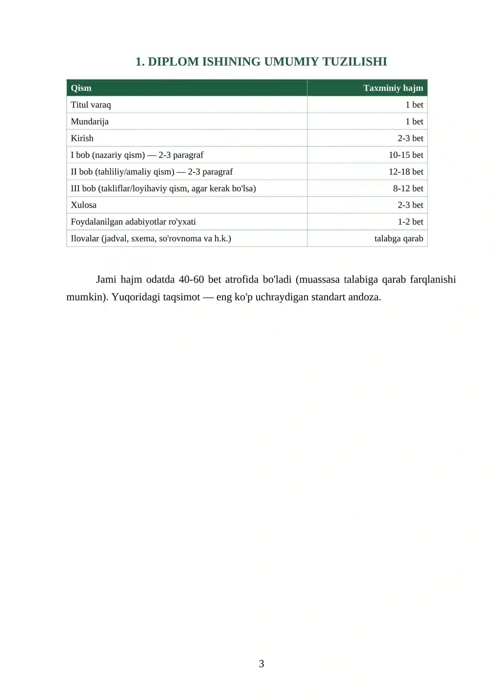 Diplom ishi tuzilishi va rejasi (namuna, yo'riqnoma bilan) 3