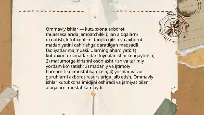 Ommaviy ishlar tushunchasi va kutubxona axborot muassasalaridagi ahamiyati 3