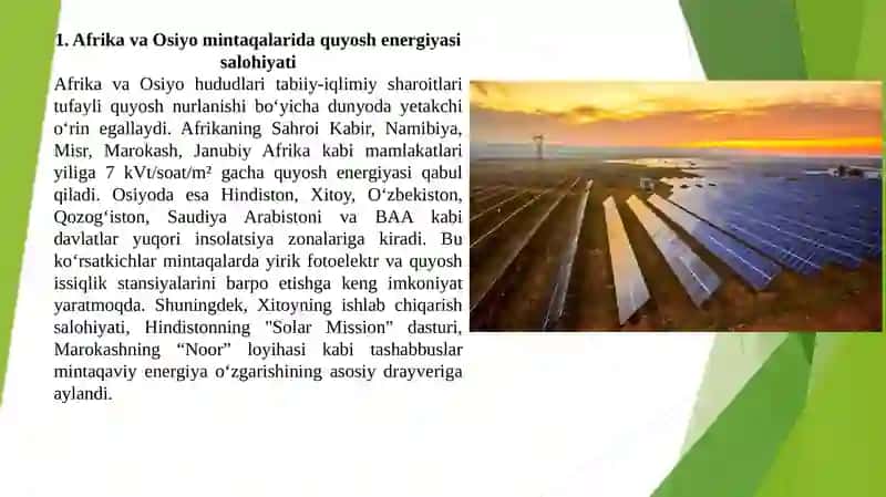 Quyosh energiyasining tarqalishi Afrika va Osiyo uchun iqtisodiy model 3