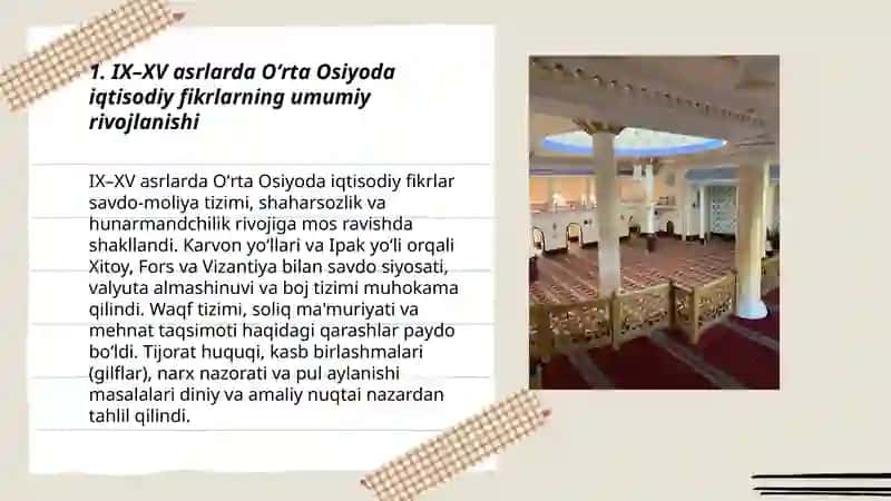 IX-XV asrlarda O’rta Osiyodagi iqtisodiy fikrlar.XIX ars o’rtalaridagi namoyondalar:Senior,Bastiya,Mak-Kulloh va Kerilarning iqtisodiy qarashlarini tahlil qilish 3
