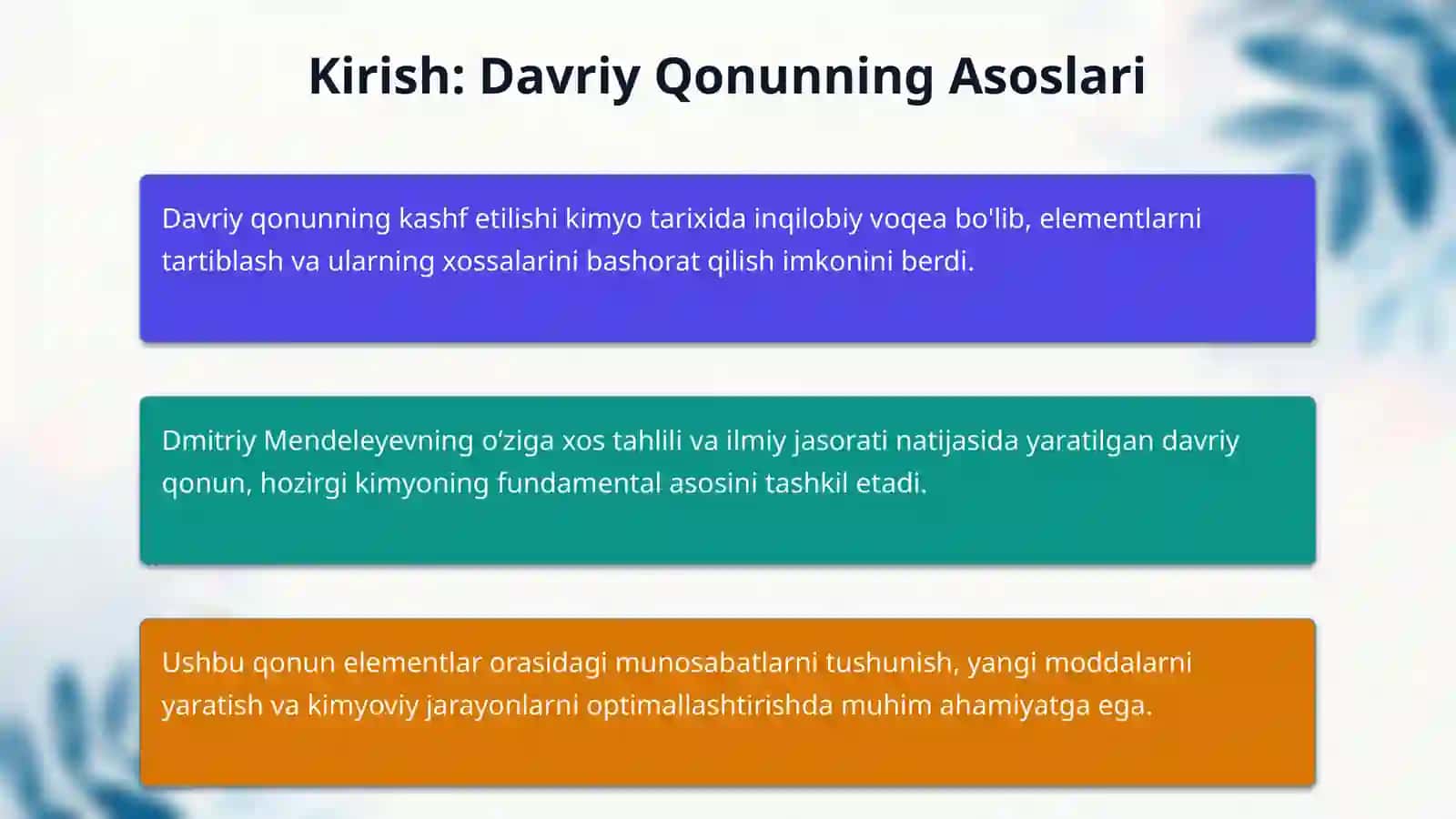 Mavzu : Elemetning davriy sistemadagi o'rni va atom tuzilishiga qarab tavsiflar .d davriy qonunning ahamiyati 3