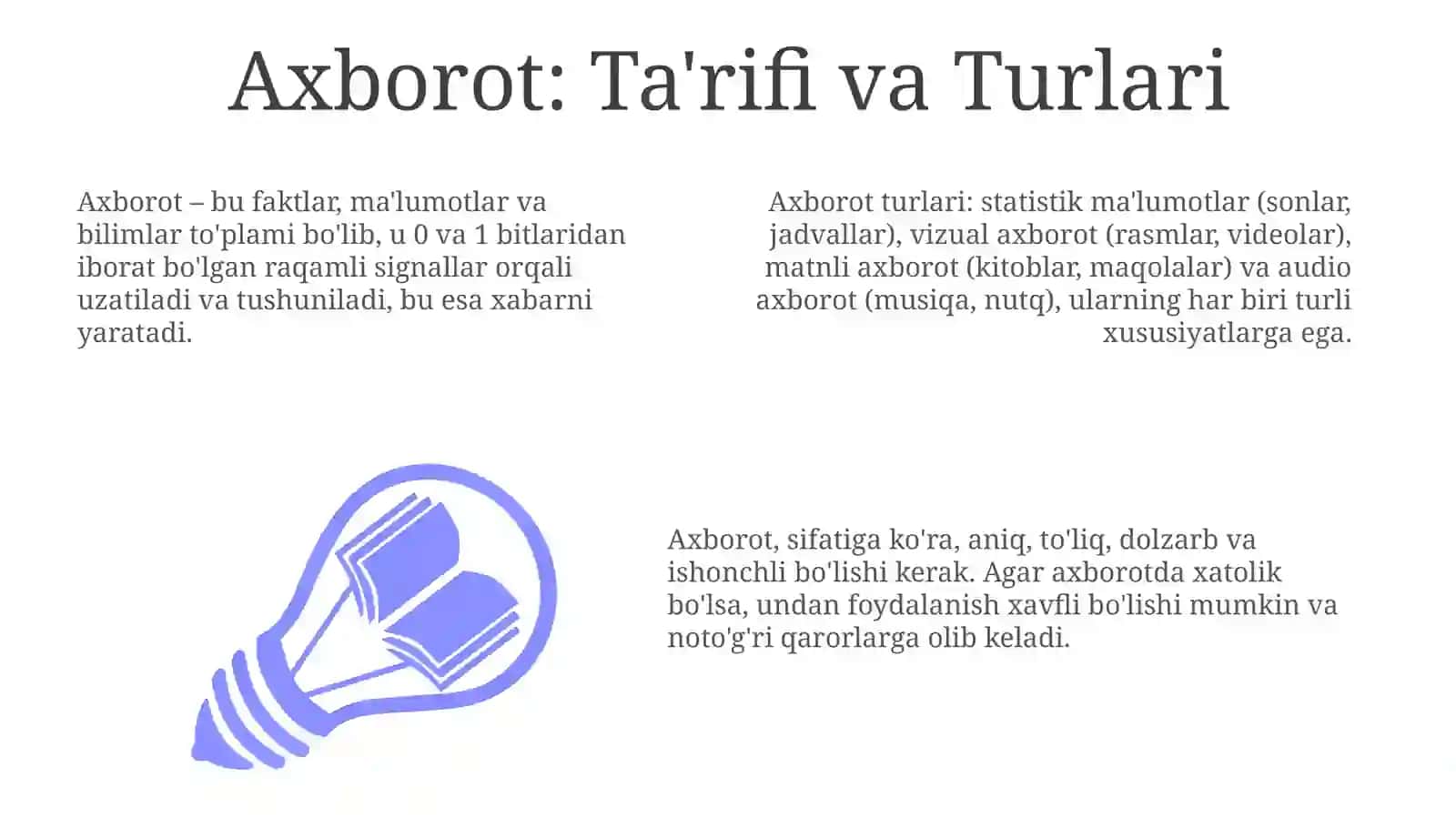 Axborot va uning turlariga turli sohalarda misollar keltiring. Axborotni fan uchun ahamiyati 3