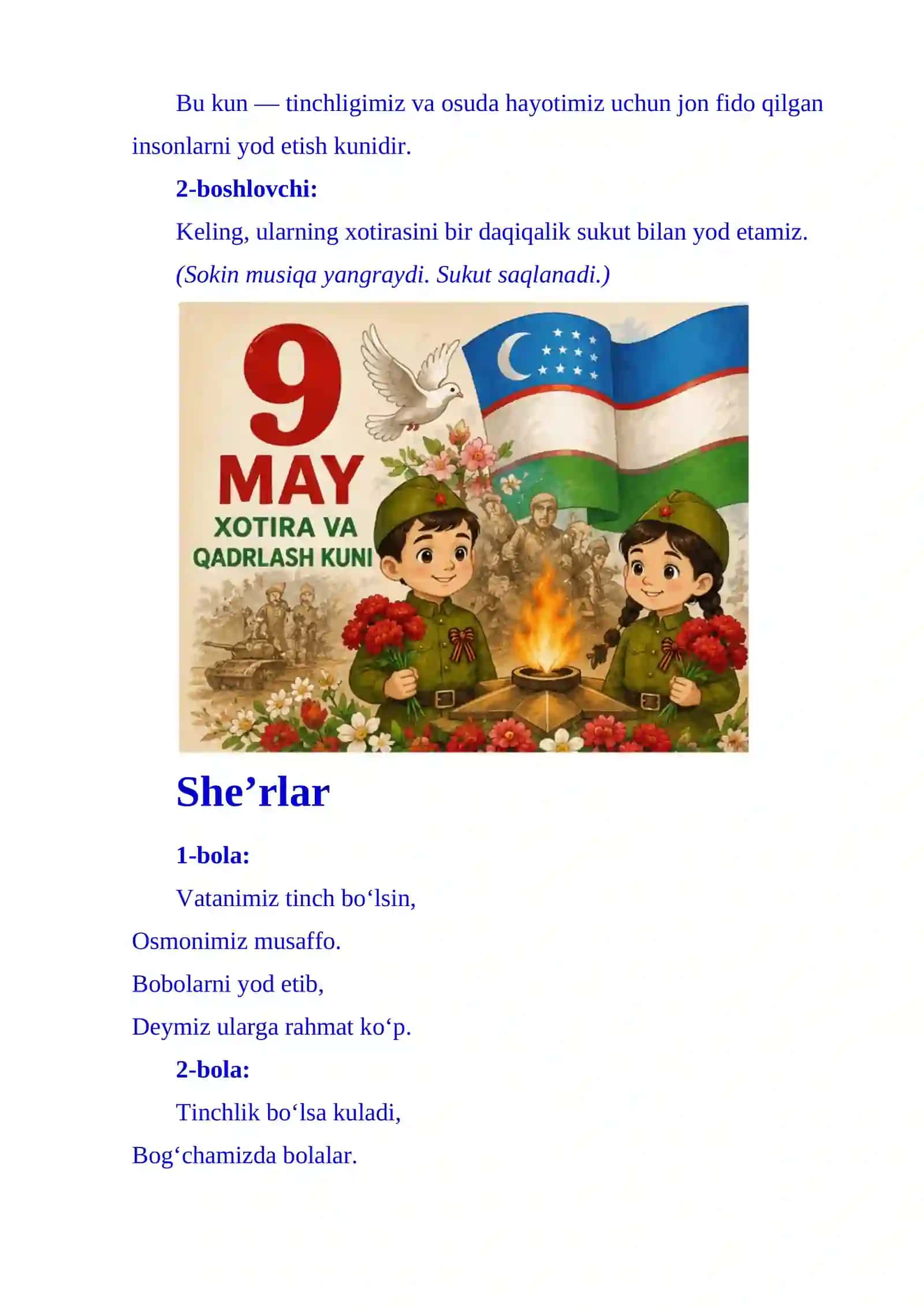 “9-may – Xotira va Qadrlash kuni” Maktabgacha ta’lim tashkiloti uchun bayram senariysi 3