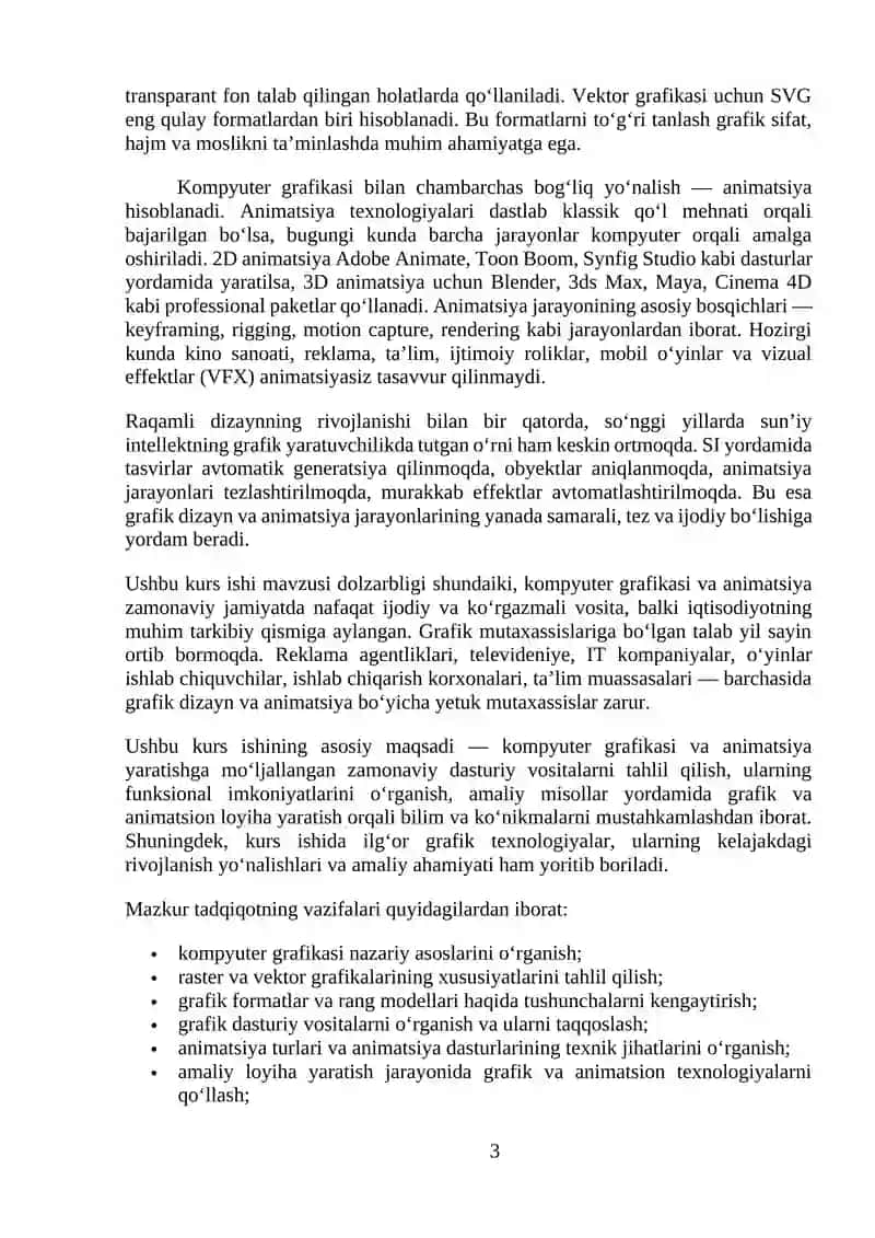 Kompyuter grafikasi va animatsiya dasturiy vositalari mavzusidagi KURS ISHI 3