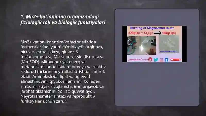 MN2+ KATIONINING ORGANIZMDAGI AHAMIYATI, TIBBIYOTDA QOʻLLANILISHI VA DORI VOSITALARI TARKIBIDA SIFAT HAMDA MIQDORINI ANIQLASH 3