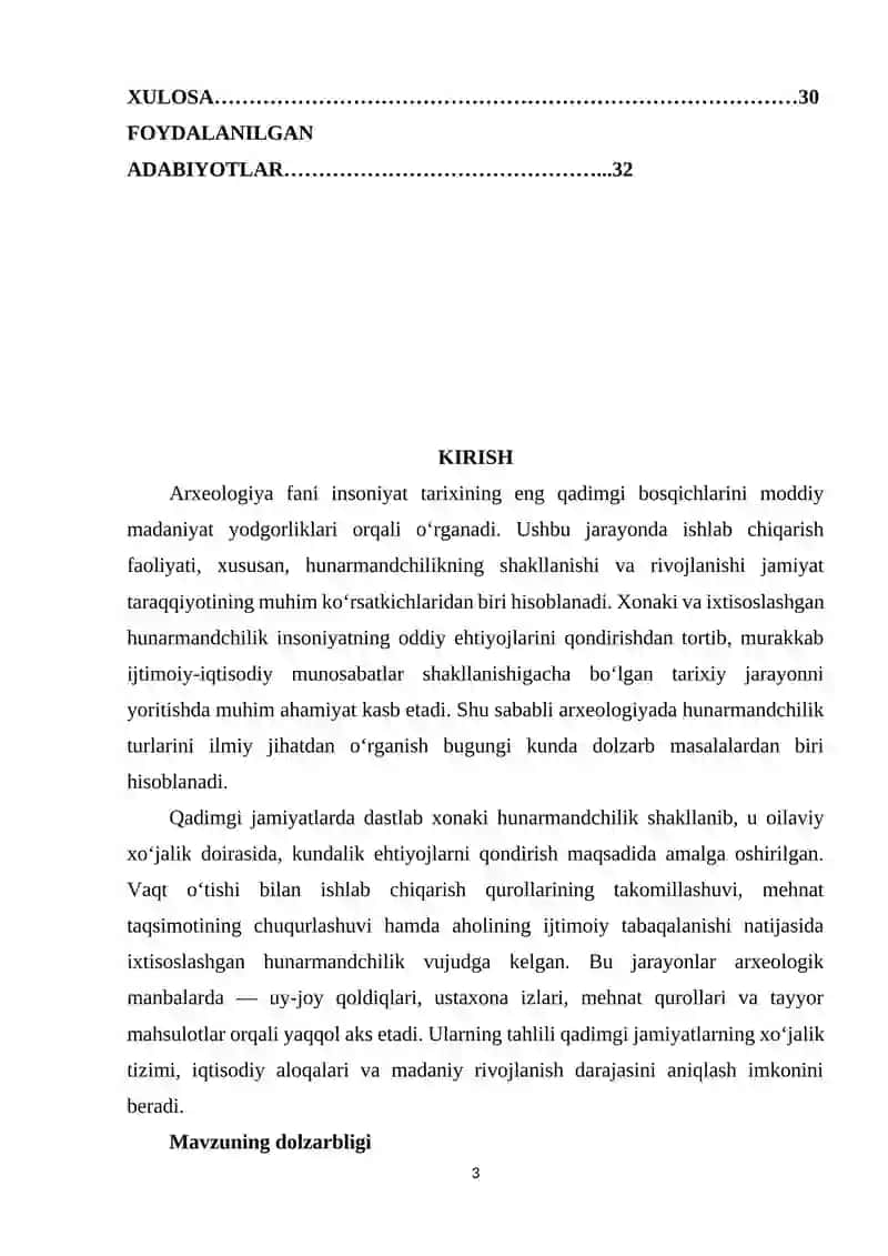 ARXEOLOGIYADA XONAKI VA IXTISOSLASHGAN HUNARMANDCHILIK KURS ISHI 3