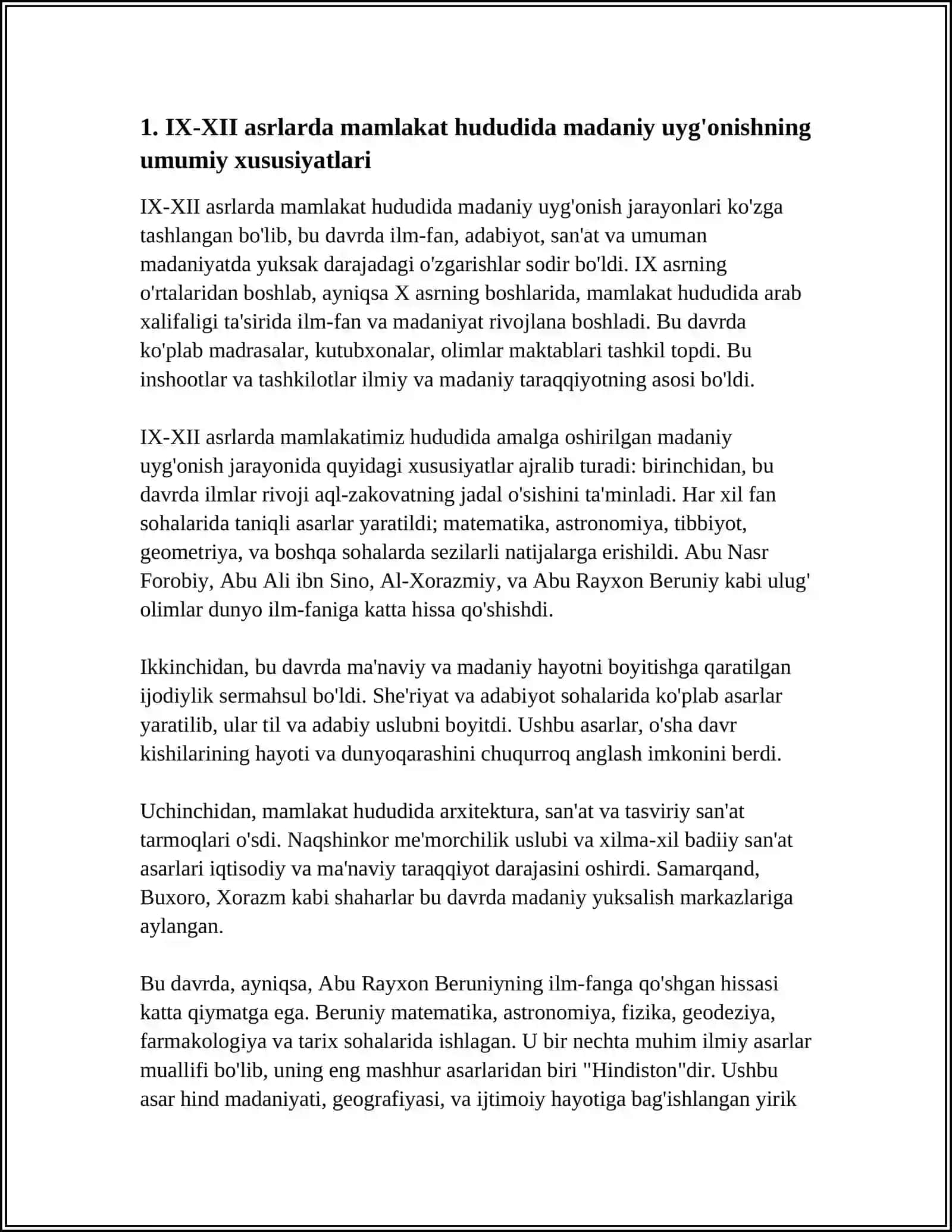 IX-XII MAMLAKATIMIZ HUDUDIDA RO’Y BERGAN MADANIY UYG’ONISH. ABU RAYXON BERUNIYNING JAHON SVILIZATSIYASIGA QO’SHGAN HISSASI 3