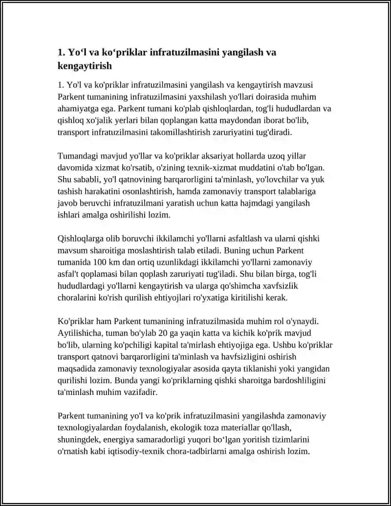 PARKENT TUMANINING IINFRATUZILMASINI YAXSHILASH YOLLARI 3