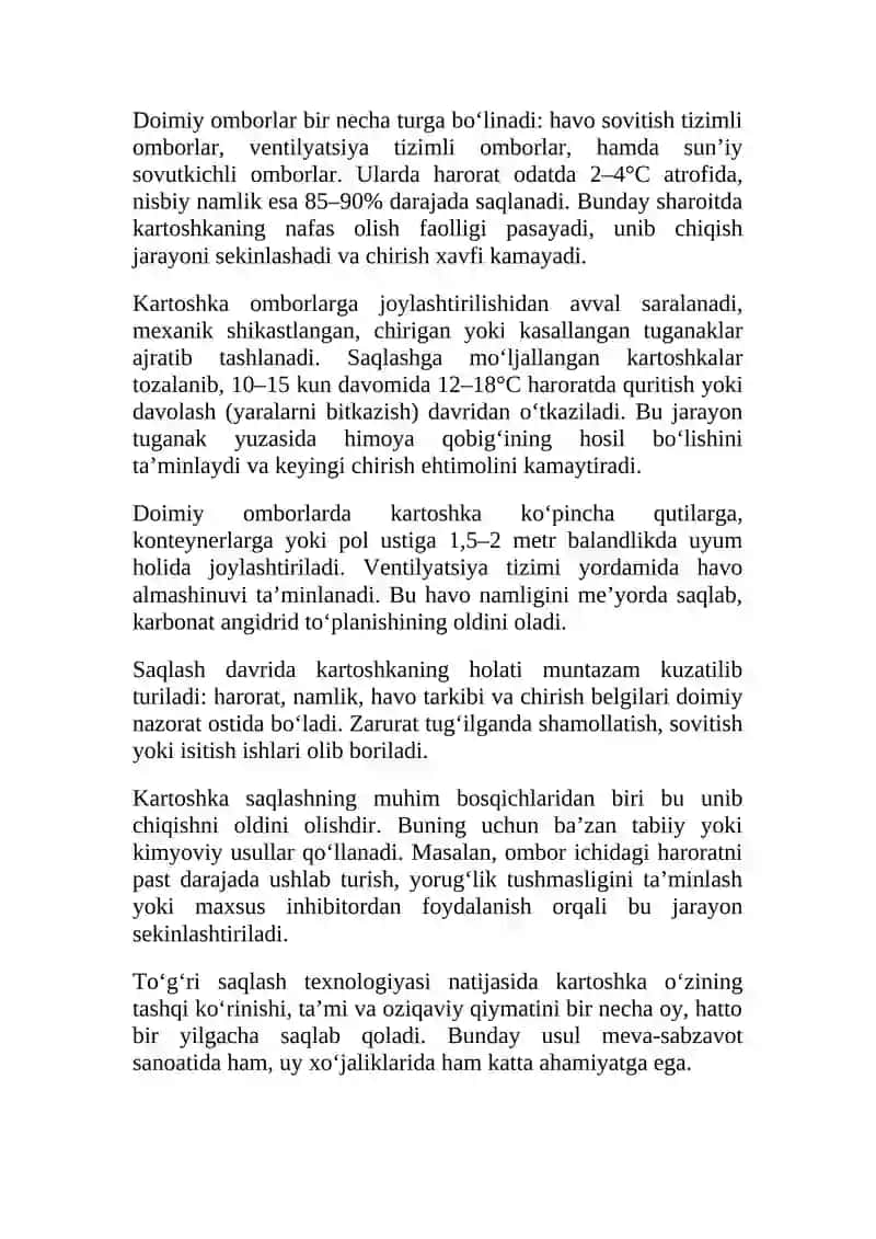 Kartoshkani vaqtinchalik va doimiy omborlarda saqlash texnologiyasi. 3