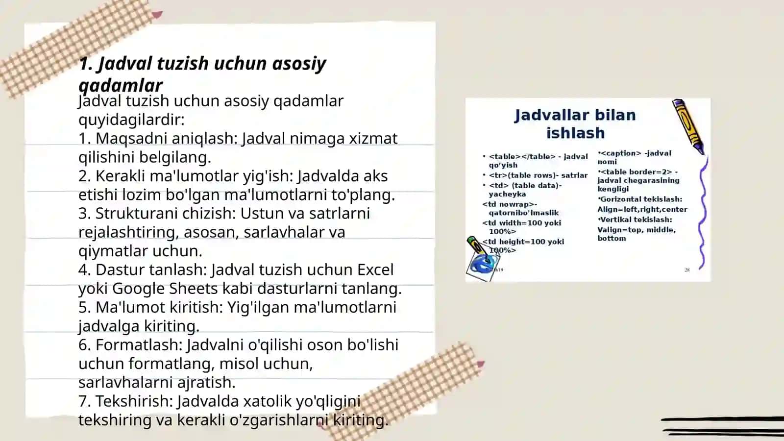 Matn muharriri yordamida jadvallar yaratish Jadvallar va ular ustida ishlash Shermamatova Yulduz 3