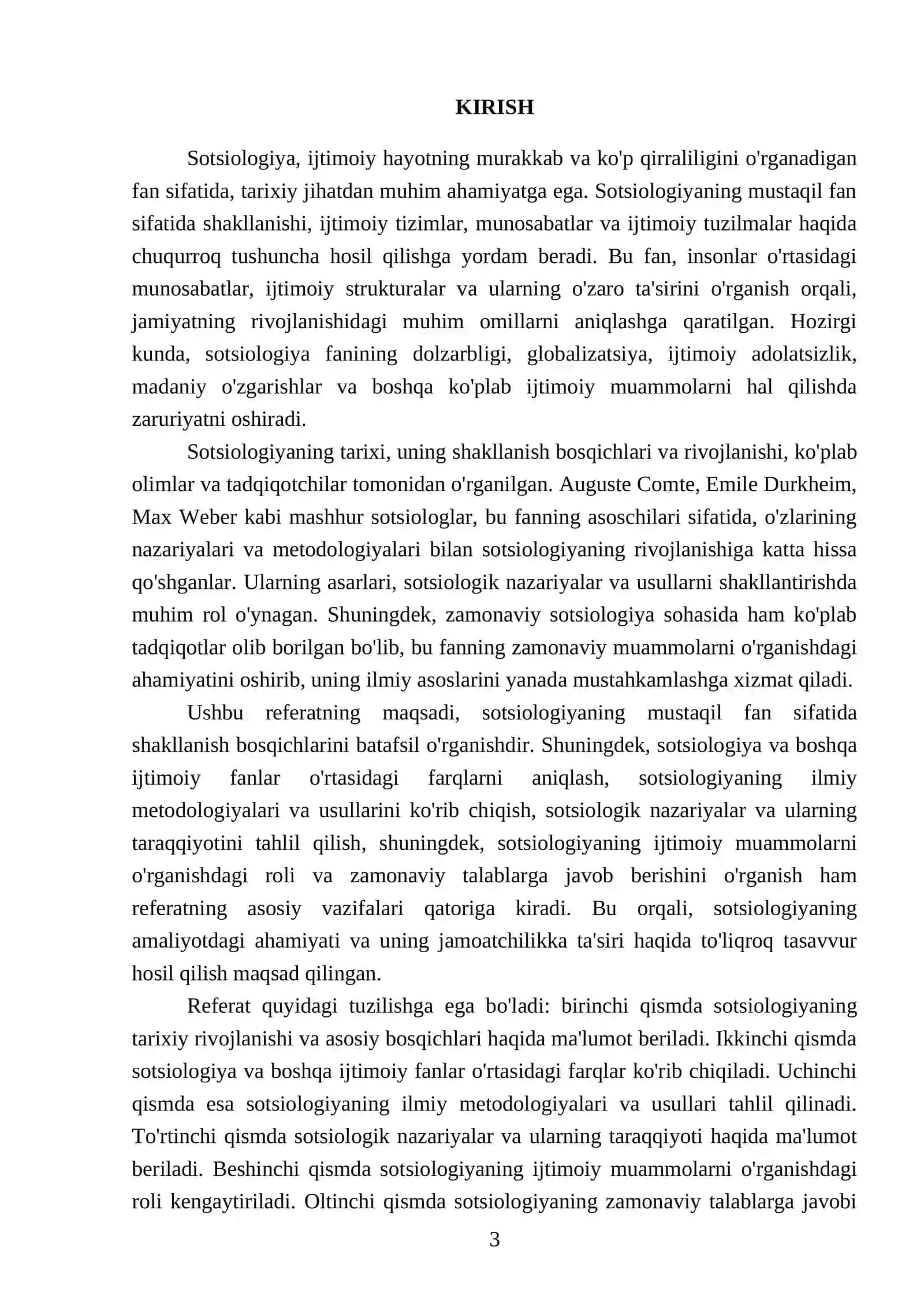 Sotsiologiyaning mustaqil fan sifatida shakllanish bosqichlar Referati 3