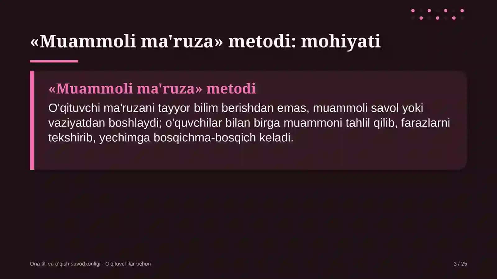 ona tili va o'qish savodxonligi darslarida muammoli ma'ruza metodidan foydalanish 3629 3