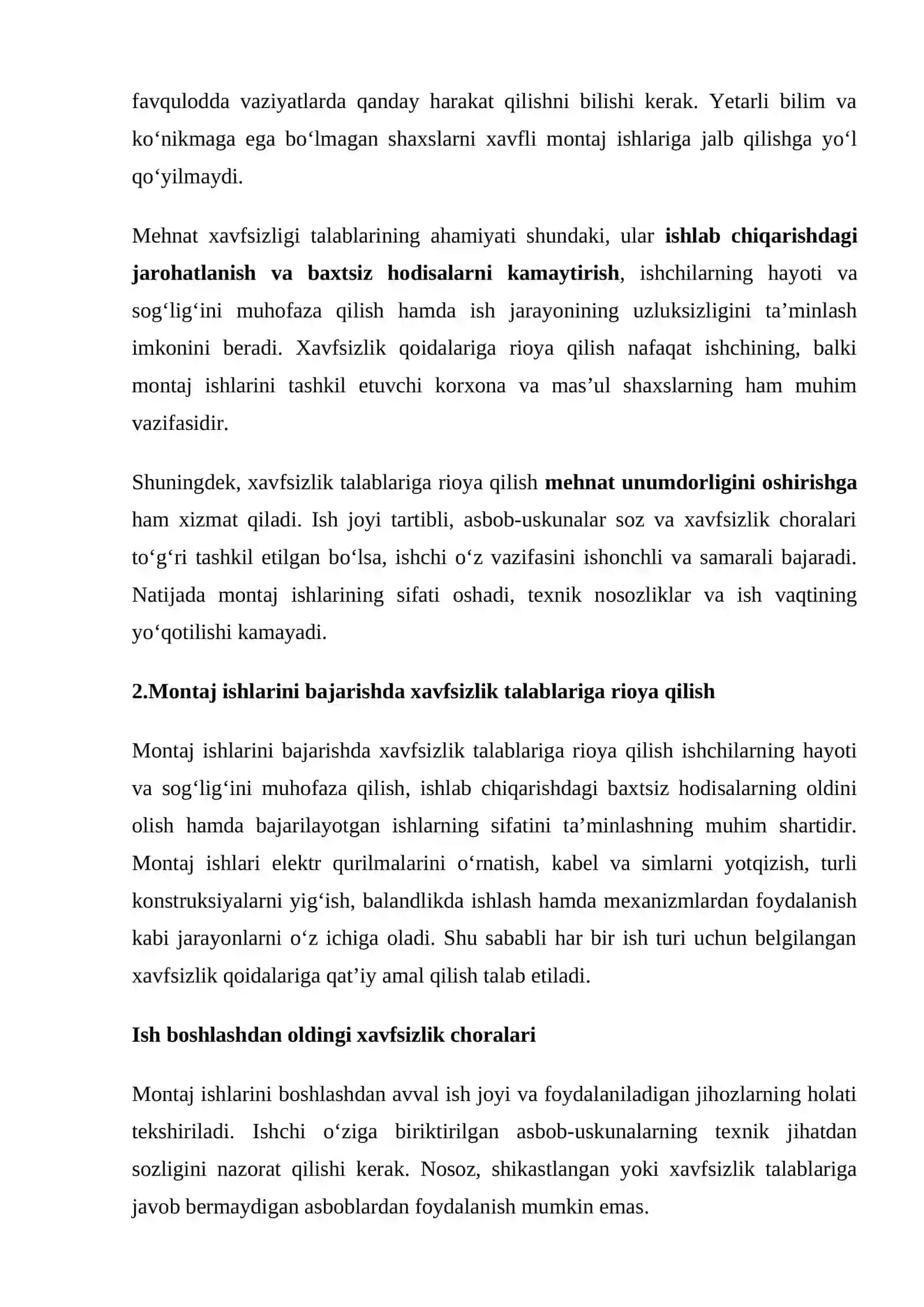 Montaj jarayonida mehnat xavfsizligi talablarini bajarish va nazorat qilish. 3