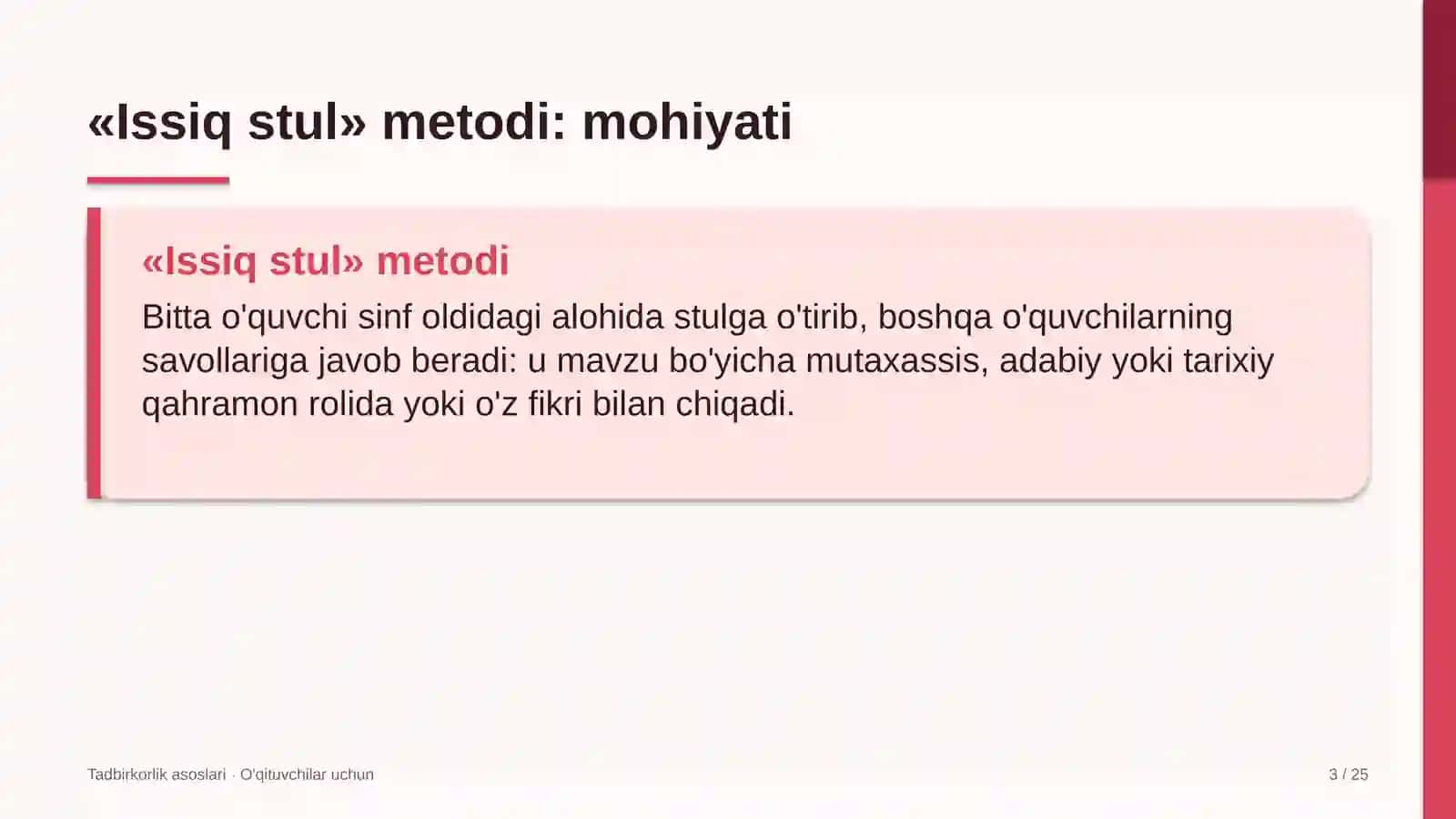 tadbirkorlik asoslari darslarida issiq stul metodidan foydalanish 9265 3