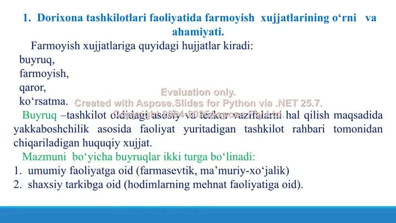 Dorixona va farmasevtika  tashkilotlarida  farmoyish hujjatlari. Taqdimot 15 bet. 3