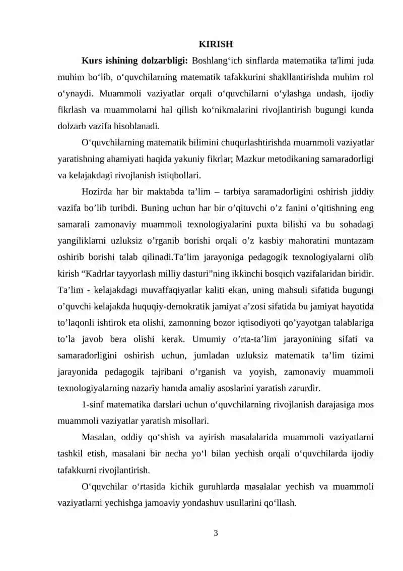 BОSHLANG`ICH SINFLARDA MATЕMATIKA  TA’LIM DA MUAMMOLI VAZIYATLARNI  TASHKIL ETISH IMKONIYATLARI (1-SINF MISОLIDA). 3