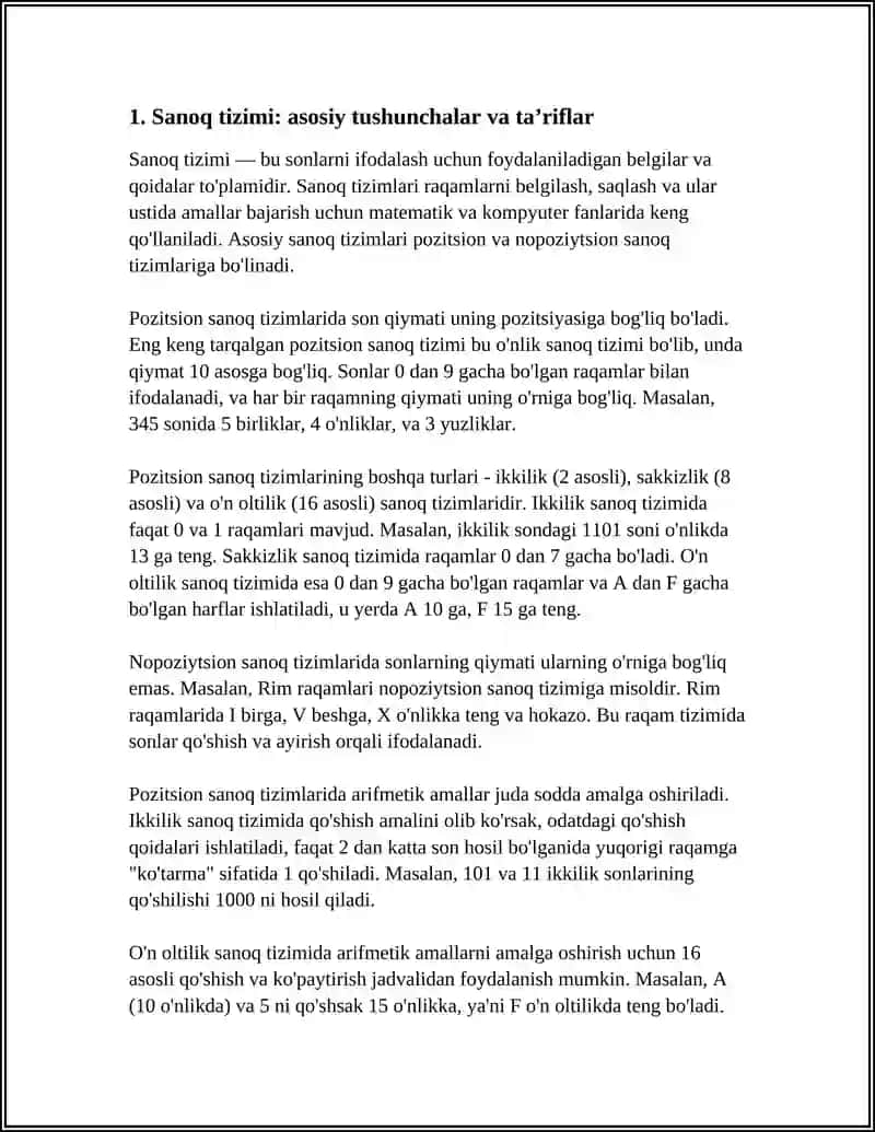 SANOQ SISTEMALARI: POZITSION, NOPOZITSION SANOQ SISTEMALARI, IXTIYORIY POZITSION SANOQ SISTEMALARIDA ARIFMETIK AMALLAR 3