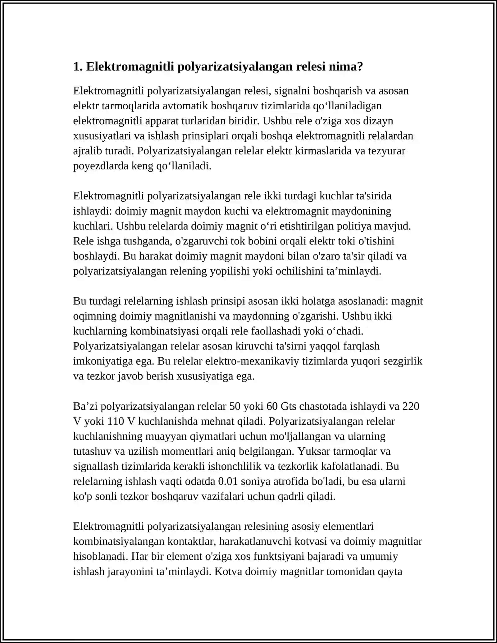 ELEKTROMAGNITLI POLYARIZTSIYALANGAN RELELAR.ULARNING XUSUSIYATLARI,TUZILISHI,ISHLASH PRINTSIPLARI.ZAMONAVIY ELEKTROMAGNITLI POLYARIZTSIYALANGAN RELELAR 3