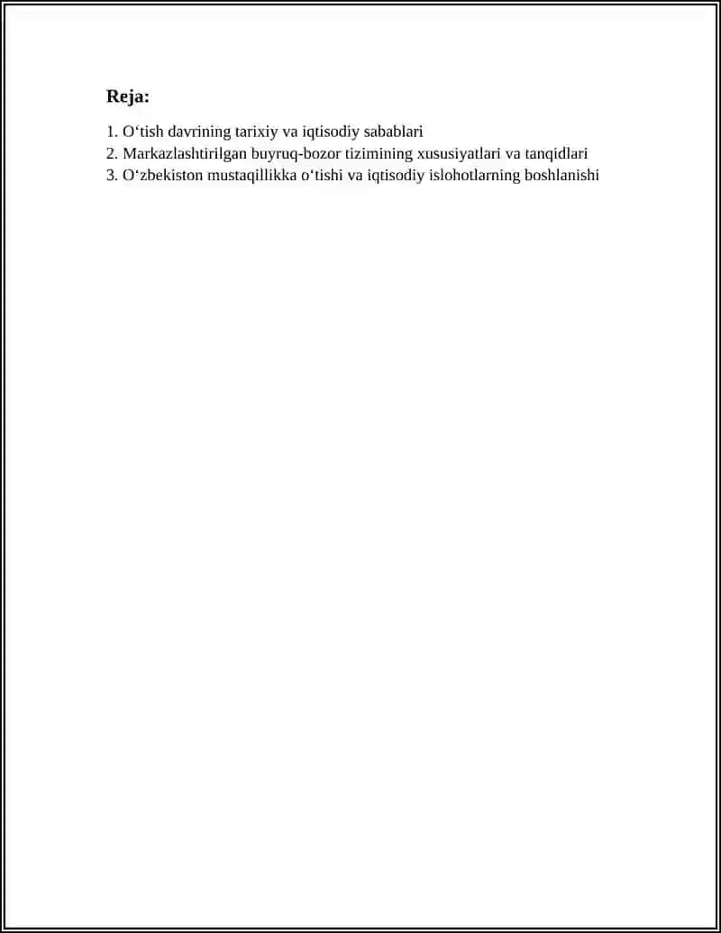 OZBEKISTON RESPUBLIKASIDAGI MAMURIY BUYRUQBOZLIK TIZIMIDAN BOZOR MUNOSABATLARIGA OTISH DAVRI KONSPEKTSIYASI 3