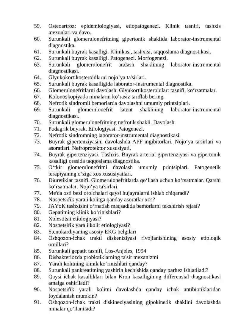 Terapiya (ichki kasalliklar) mutaxassisligi bo'yicha shakllantirilgan og'zaki savollar ro'yxati 3