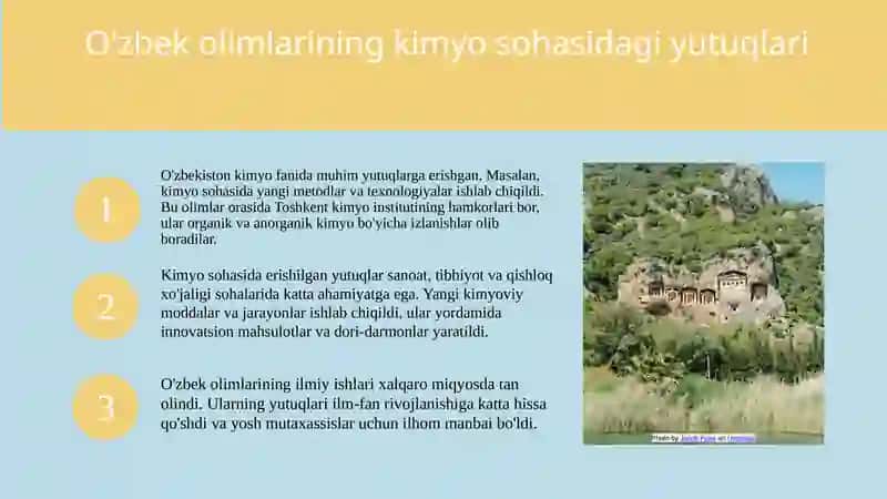Kimyo fanining rivojlanishda oʻz hissasalarini qoʻshgan oʻzbek xalqining olimlari 3