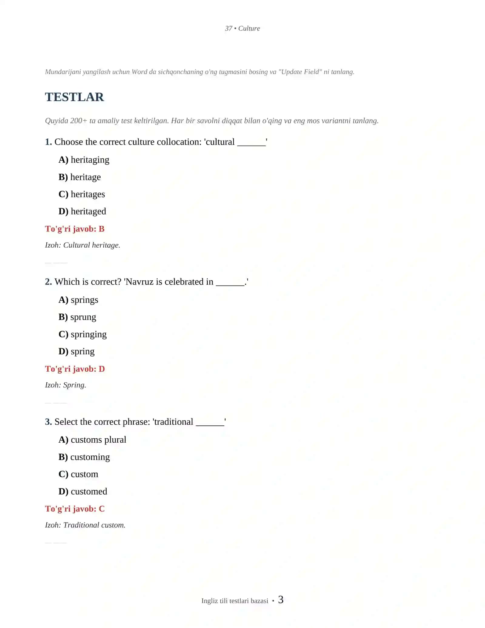 INGLIZ TILI CULTURE & TRADITIONS 3