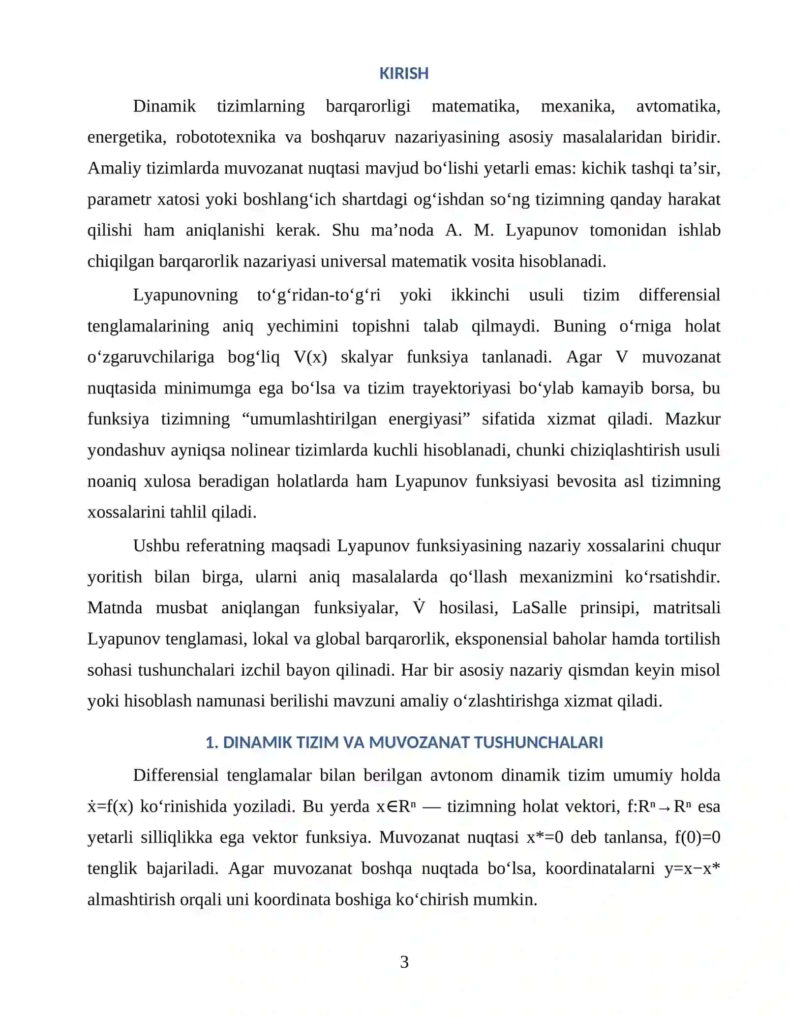 LYAPUNOV FUNKSIYASINING XOSSALARIGA TEGISHLI ANIQ MASALALAR 3