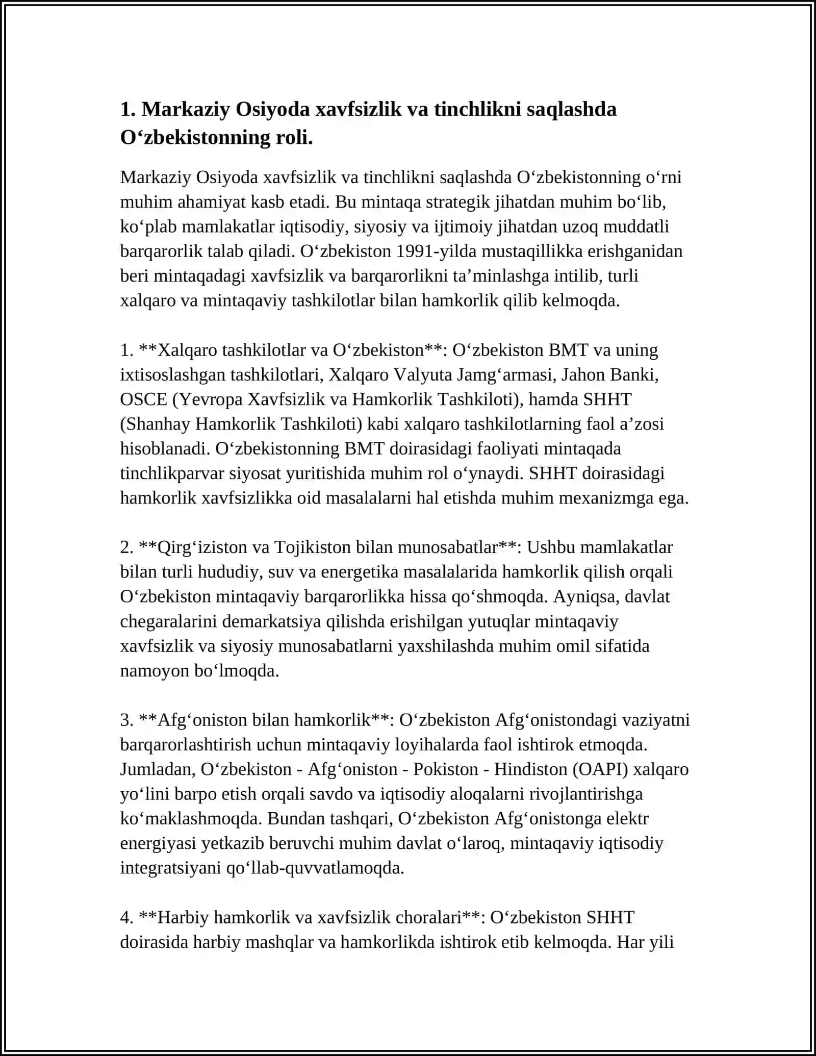 O'ZBEKISTONNING MARKAZIY OSIYODA TINCHLIK VA BARQARORLIKNI TA'MINLASHDAGI O'RNI 3