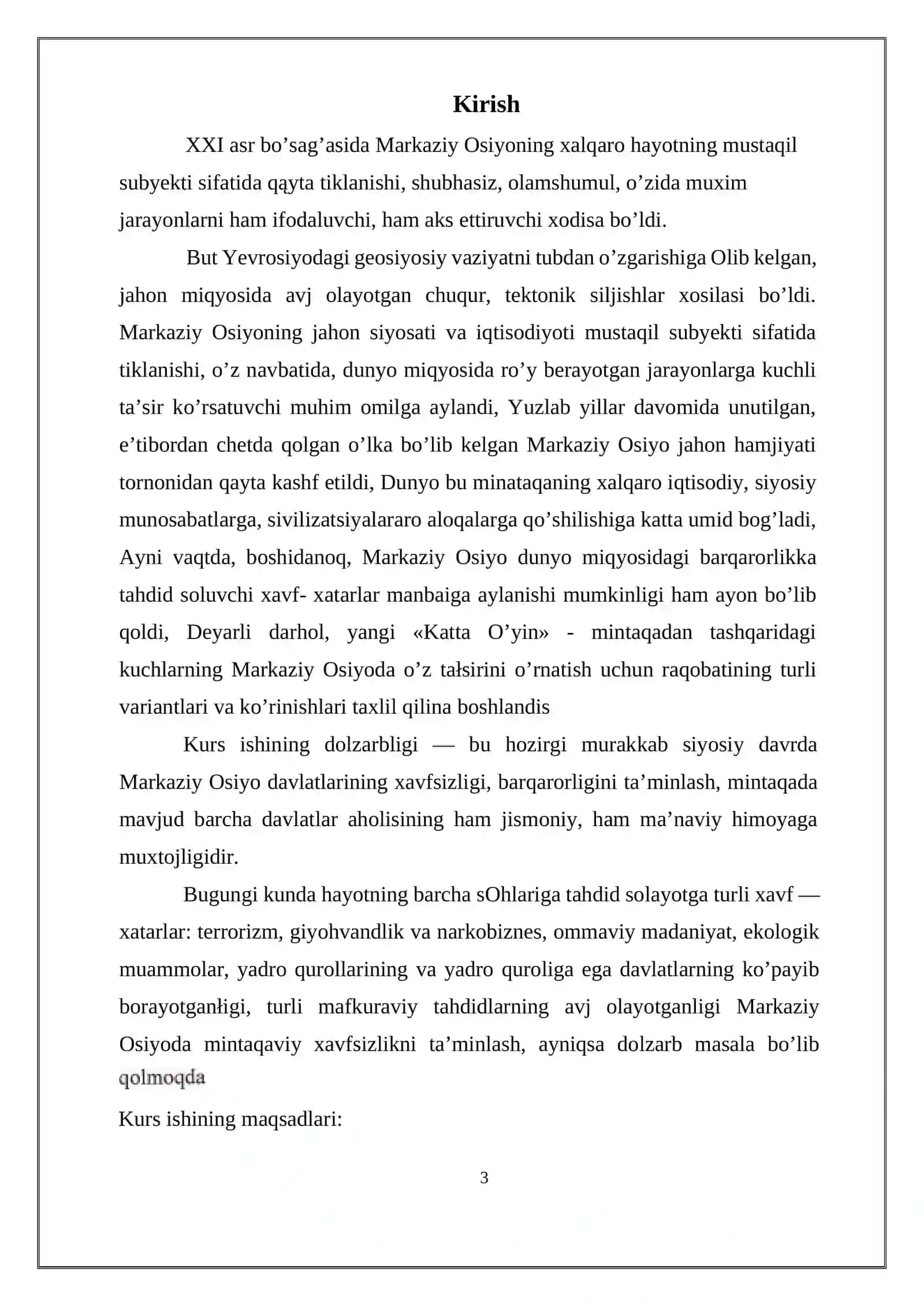 “MARKAZIY OSIYODA MINTAQAVIY XAVFSIZLIK MASALALARI” MAVZUSIDAGI KURS ISHI 3