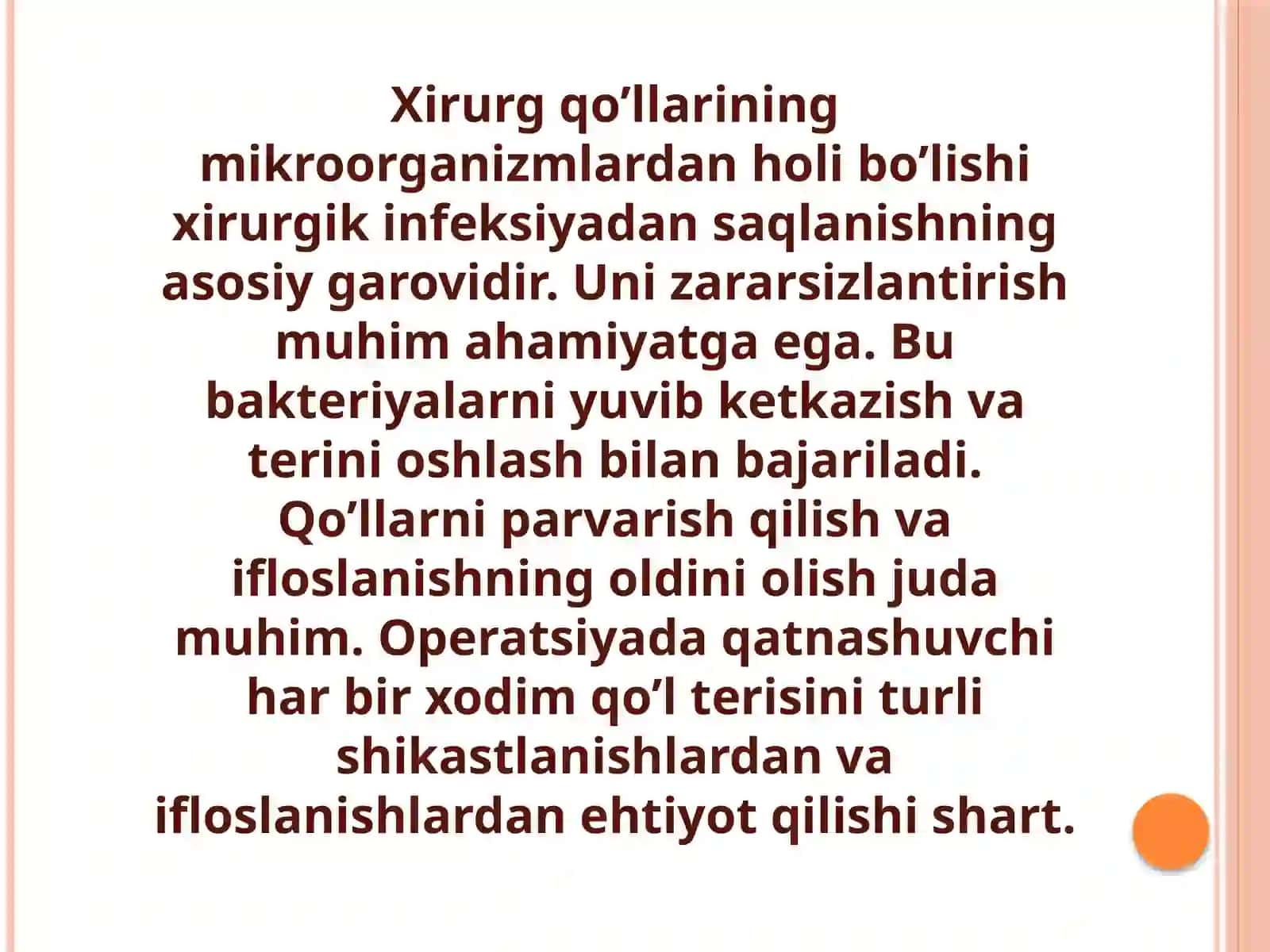 Operatsiyaga tayyorgarlik ko’rish. Xirurg qo’lini Spasokukotskiy Kochergin usulida tozalash 3