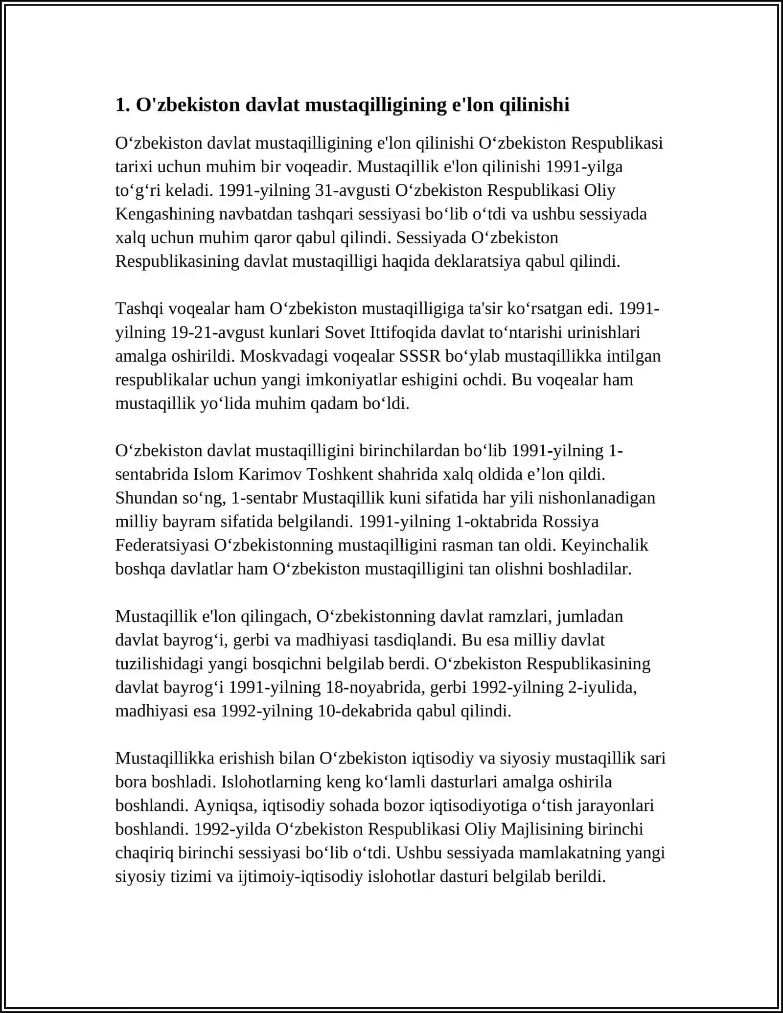 O‘zbekistonda Davlat Mustaqilligining Qo'lga Kiritilishi Huquqiy Demokratik Davlat va Fuqarolar Jamiyati Asoslarini Barpo Etish 3