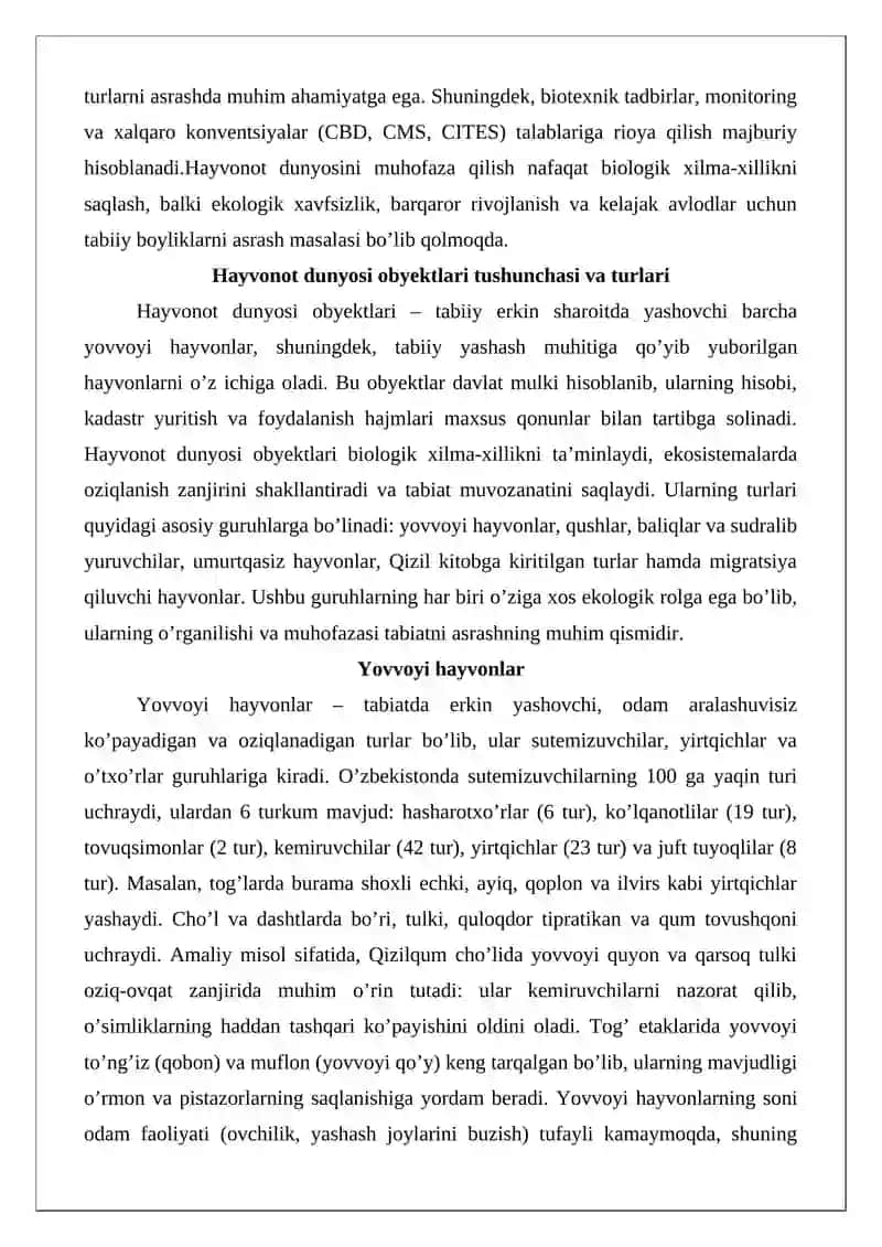 Hayvonot dunyosini oyektlari va ularni muhofaza qilish talablari 3