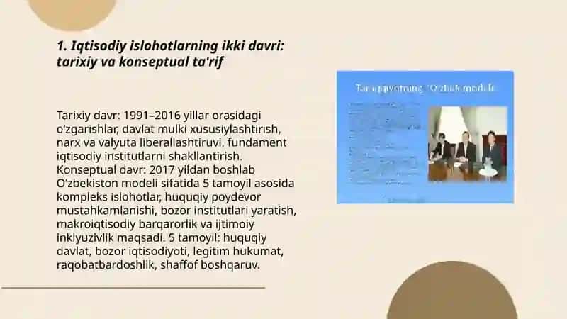 Iqtisodiy islohotlarning ikki davri: O‘zbek modeli (5 tamoyil) ning huquqiy poydevori va uning makro-iqtisodiy natijalari tahlili 3