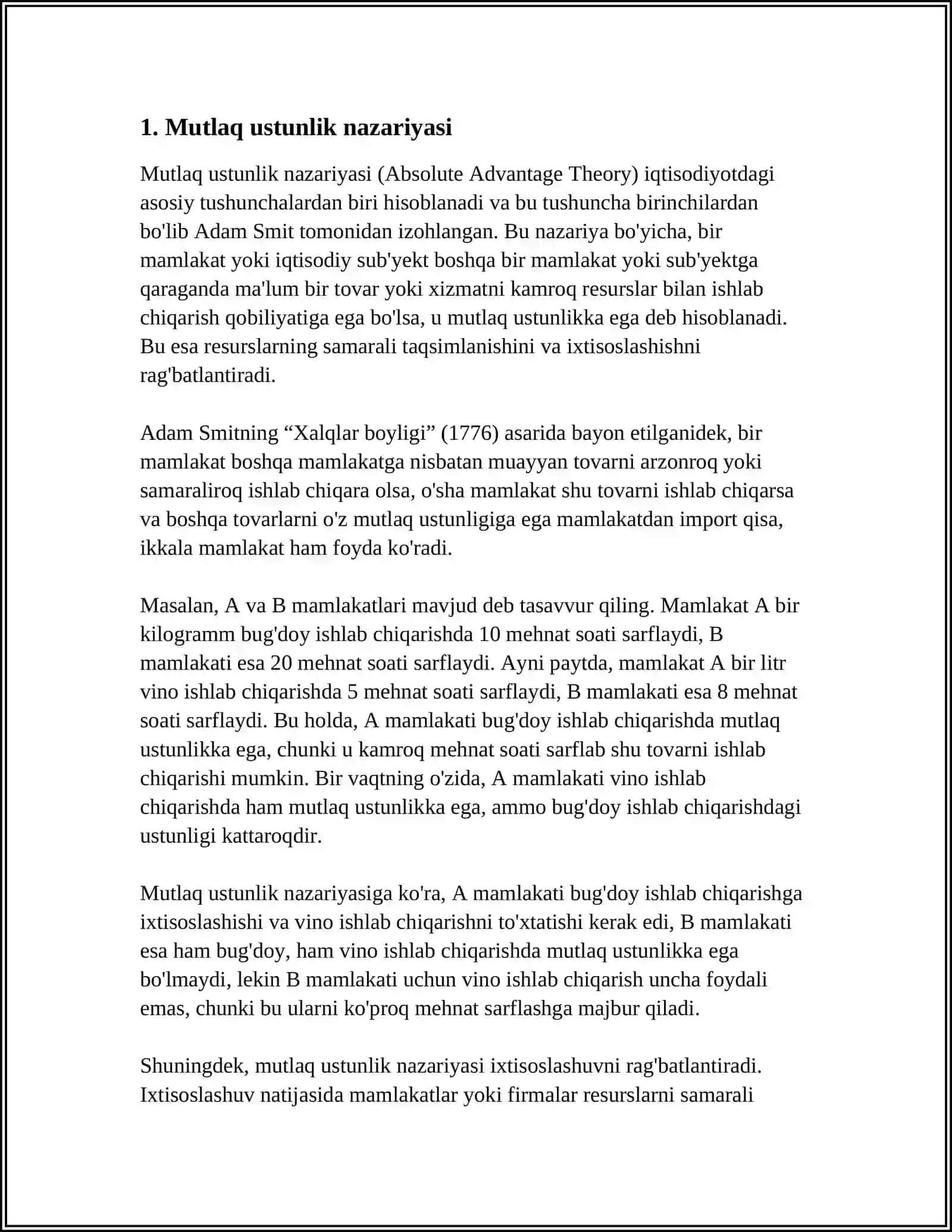 MUTLAQ USTUNLIK, RAQOBAT USTUNLIGI VA QIYOSIY USTUNLIK NAZARIYALARI.RVOJLANAYOTGAN MAMLAKATLAR IQTISODIYOTI TOʻGʻRISIDAGI NAZARYALAR 3