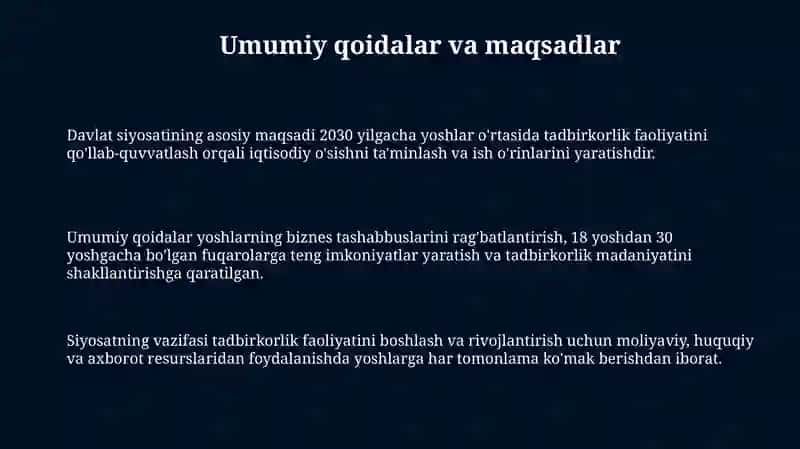 Yoshlarni tadbirkorlikka jalb qilish boʻyicha davlat siyosati 3
