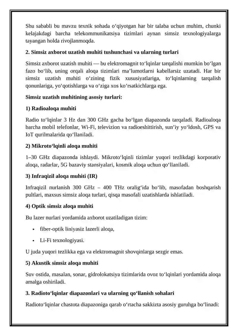 Simsiz axborot o’tqazish muhiti va ularning texnik ko’rsatkichlari 3