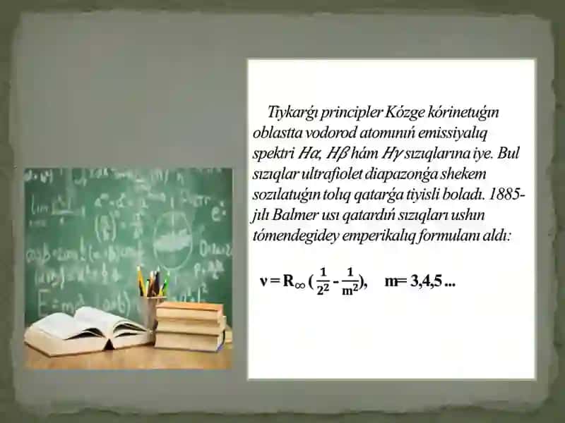 QMU dıń Fizika qánigeligi 1-kurs magistranti Abdikarimova Azizanıń Vodorod atomı spektrindegi Balmer seriyası 3